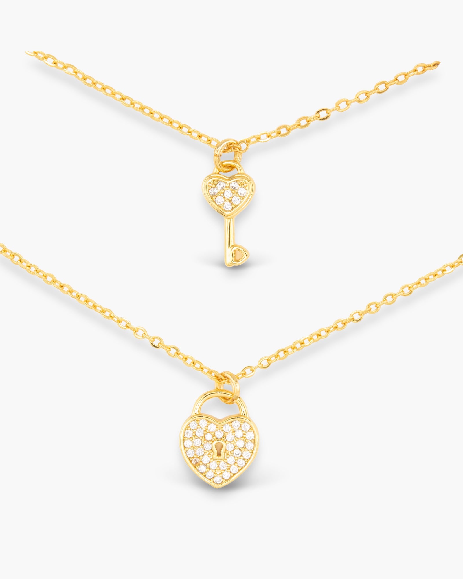 Gold CZ Dual Heart Lock Necklace