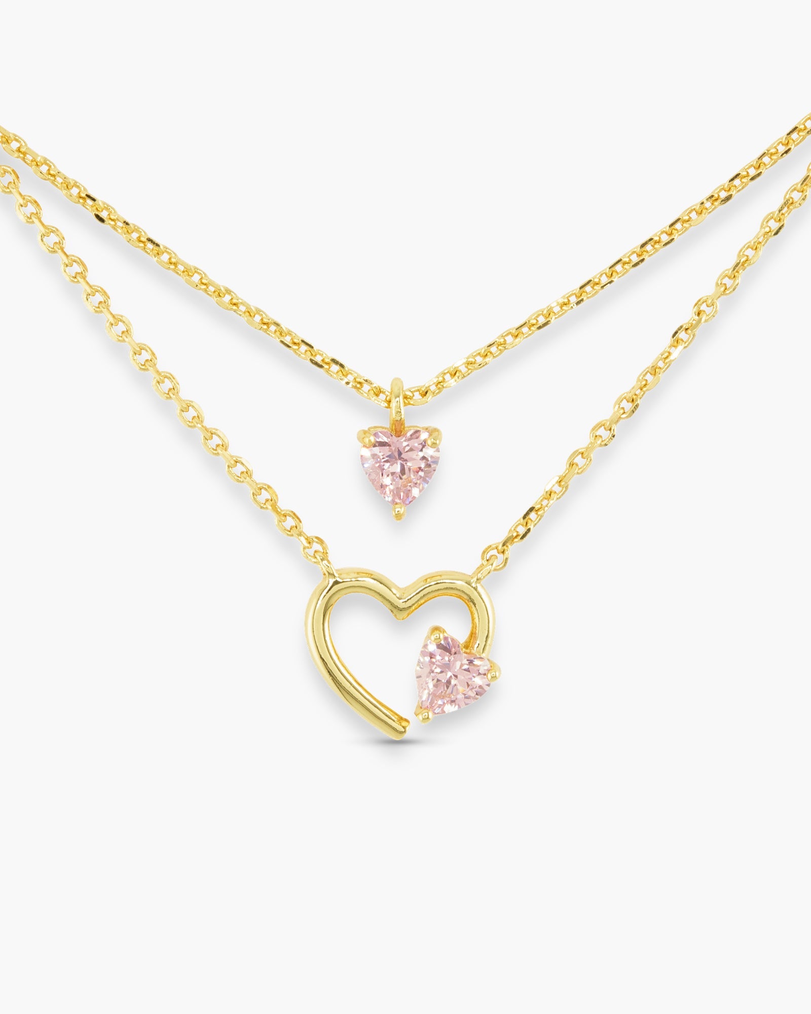 Gold CZ Dual Pink Heart Necklace