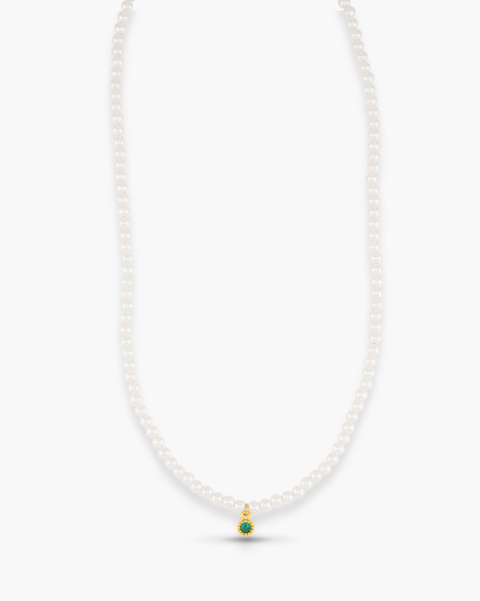 Gold Pearl Bead Emerald Mini Necklace