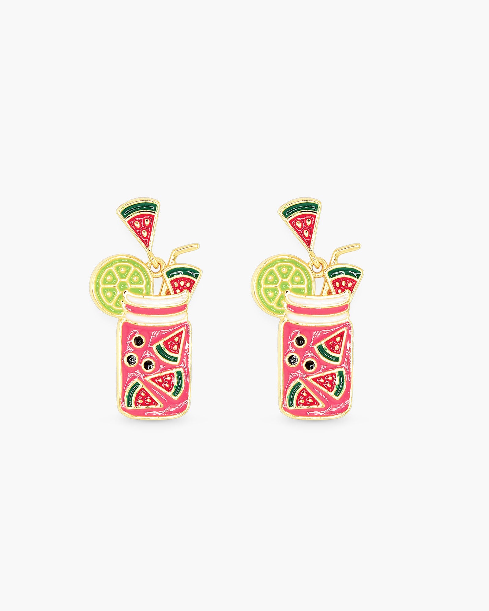 Gold Enamel Pink Drink Earrings