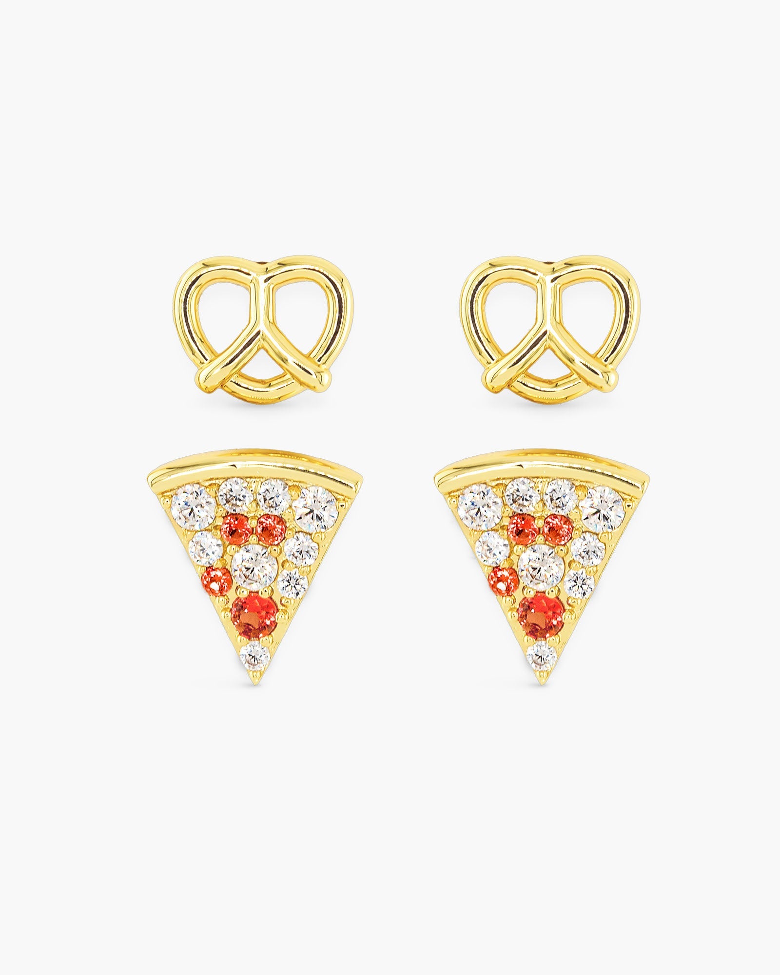 Gold CZ Pretzel Pizza Duo Earrings