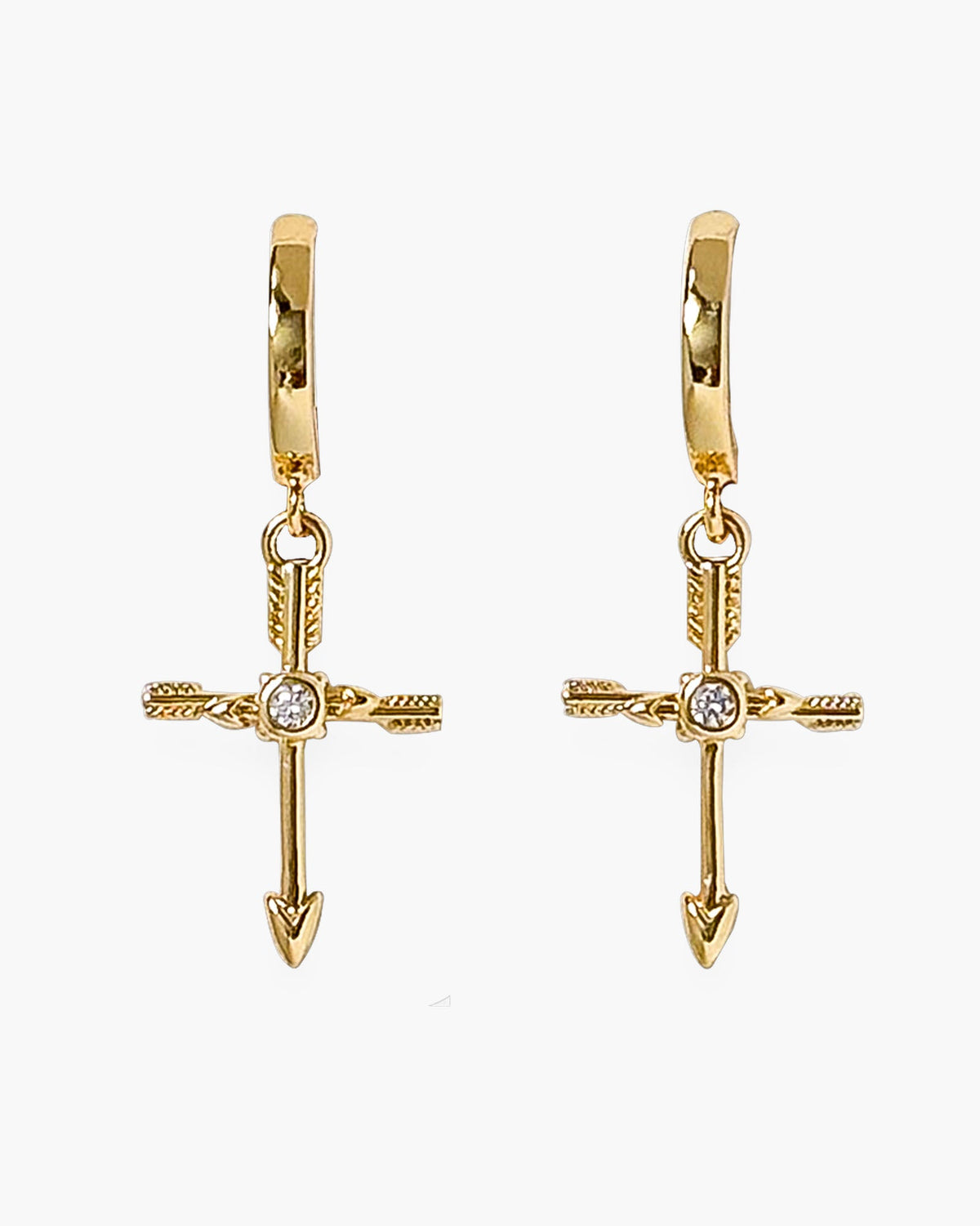 Gold CZ Cross and Arrow Earrings