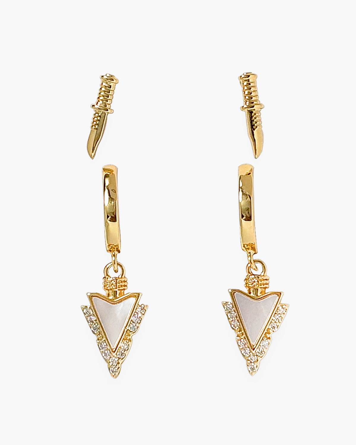 Gold CZ Arrowhead and Knives Duo Earrings