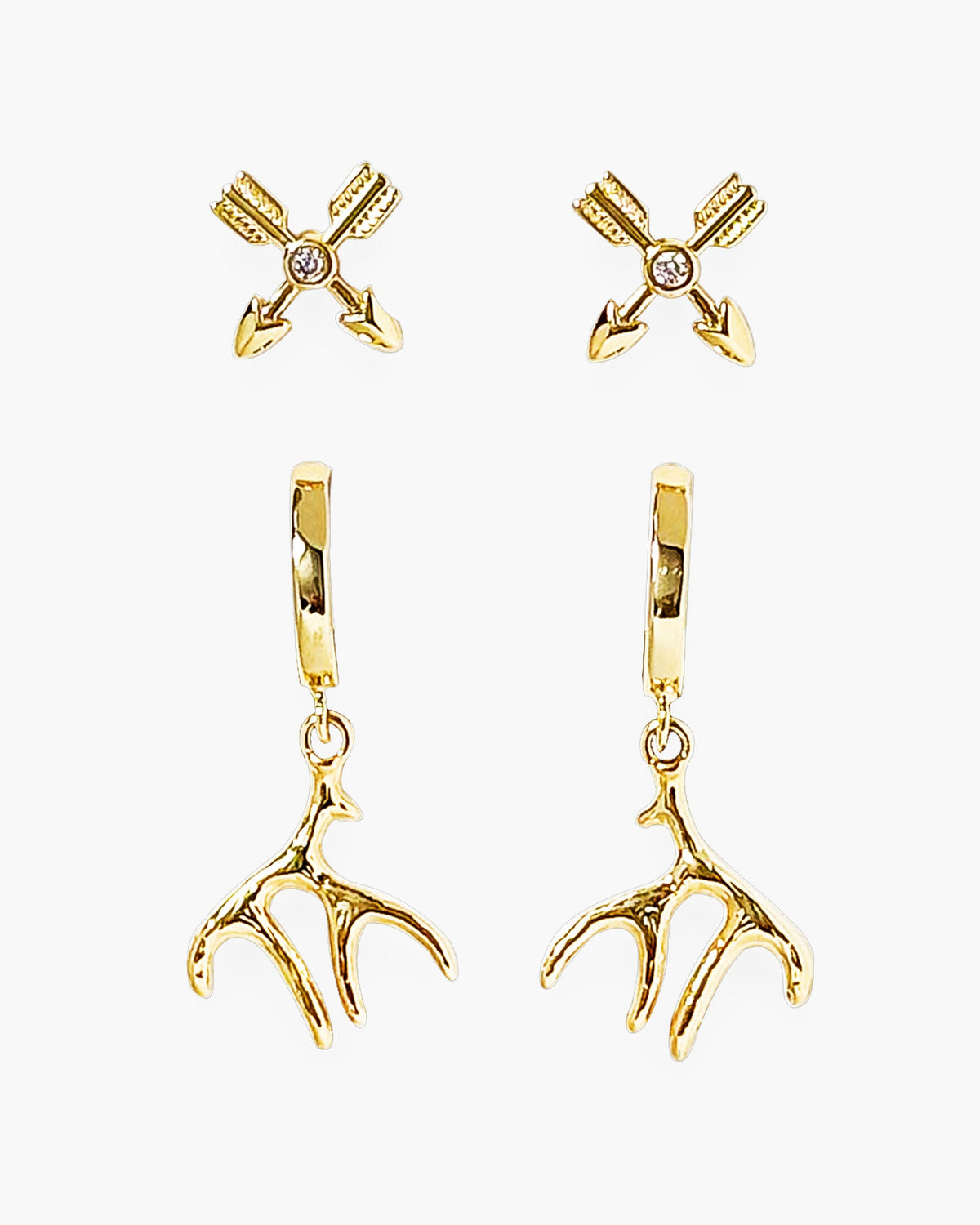Gold CZ Antler and Arrow Duo Earrings