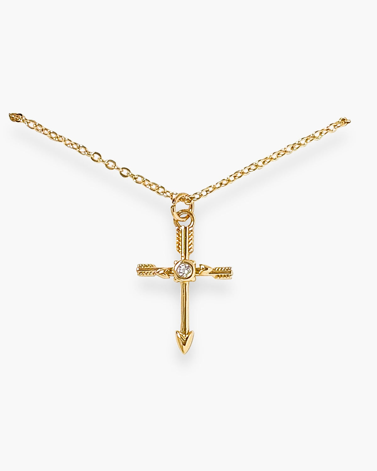 Gold CZ Cross and Arrow Necklace