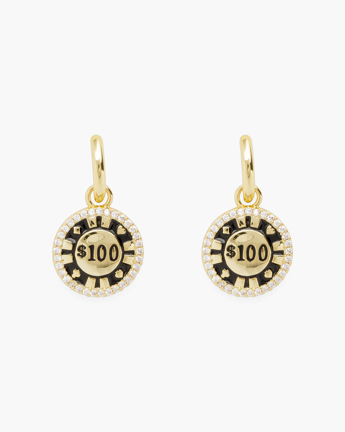 Gold CZ $100 Poker Chip Earrings