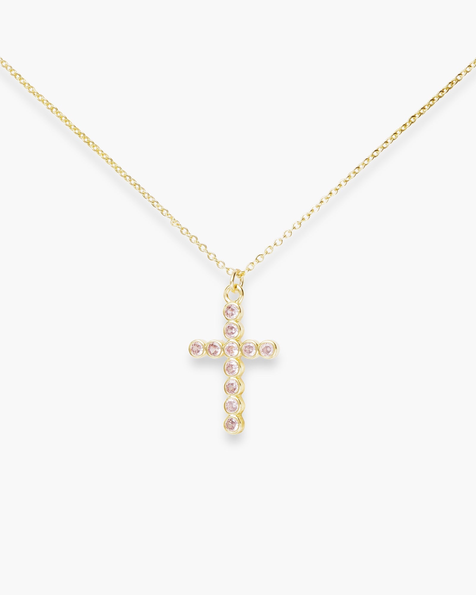Gold CZ Round Set Pink Cross Necklace