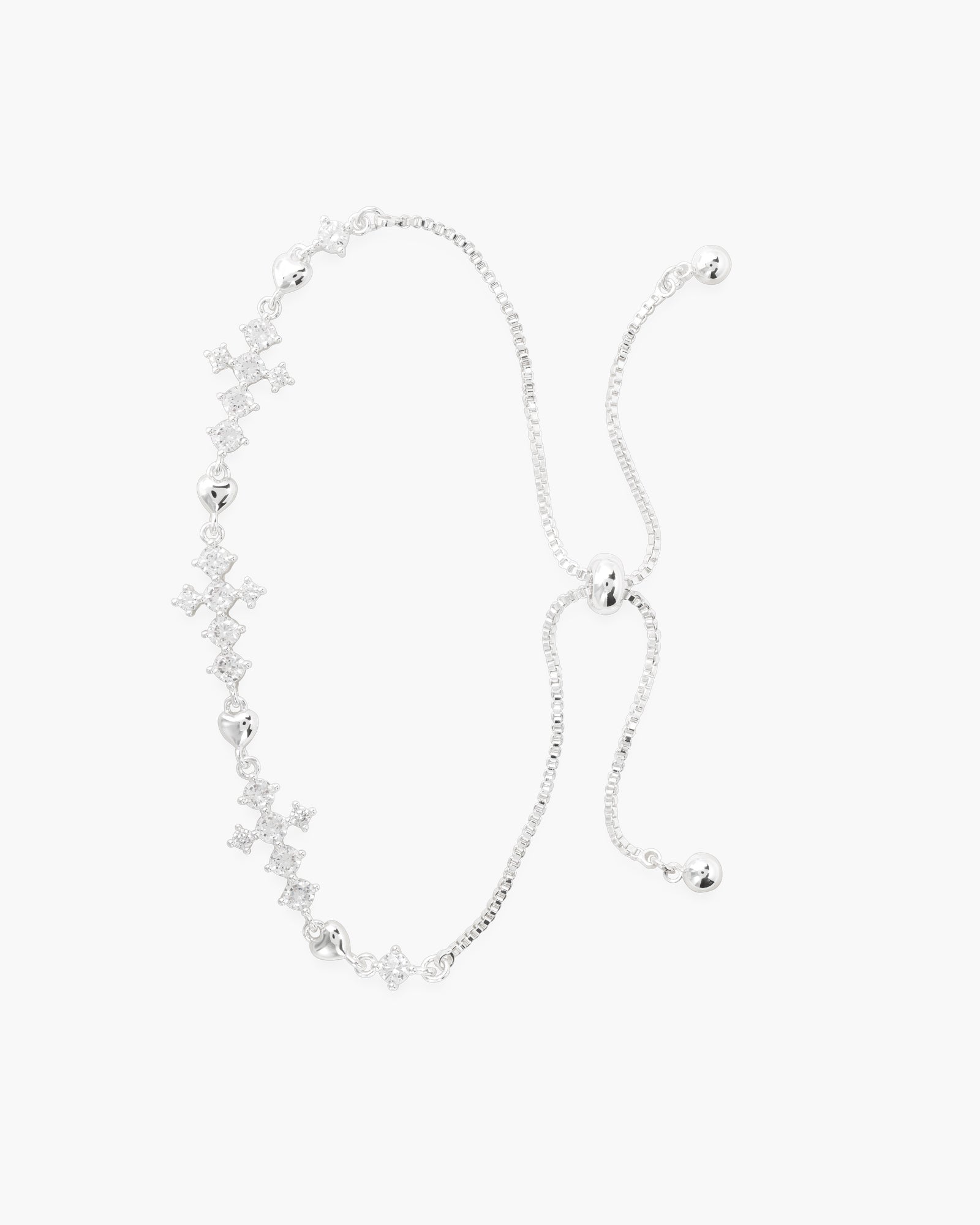 Silver CZ Cross and Heart Pull Cord Bracelet