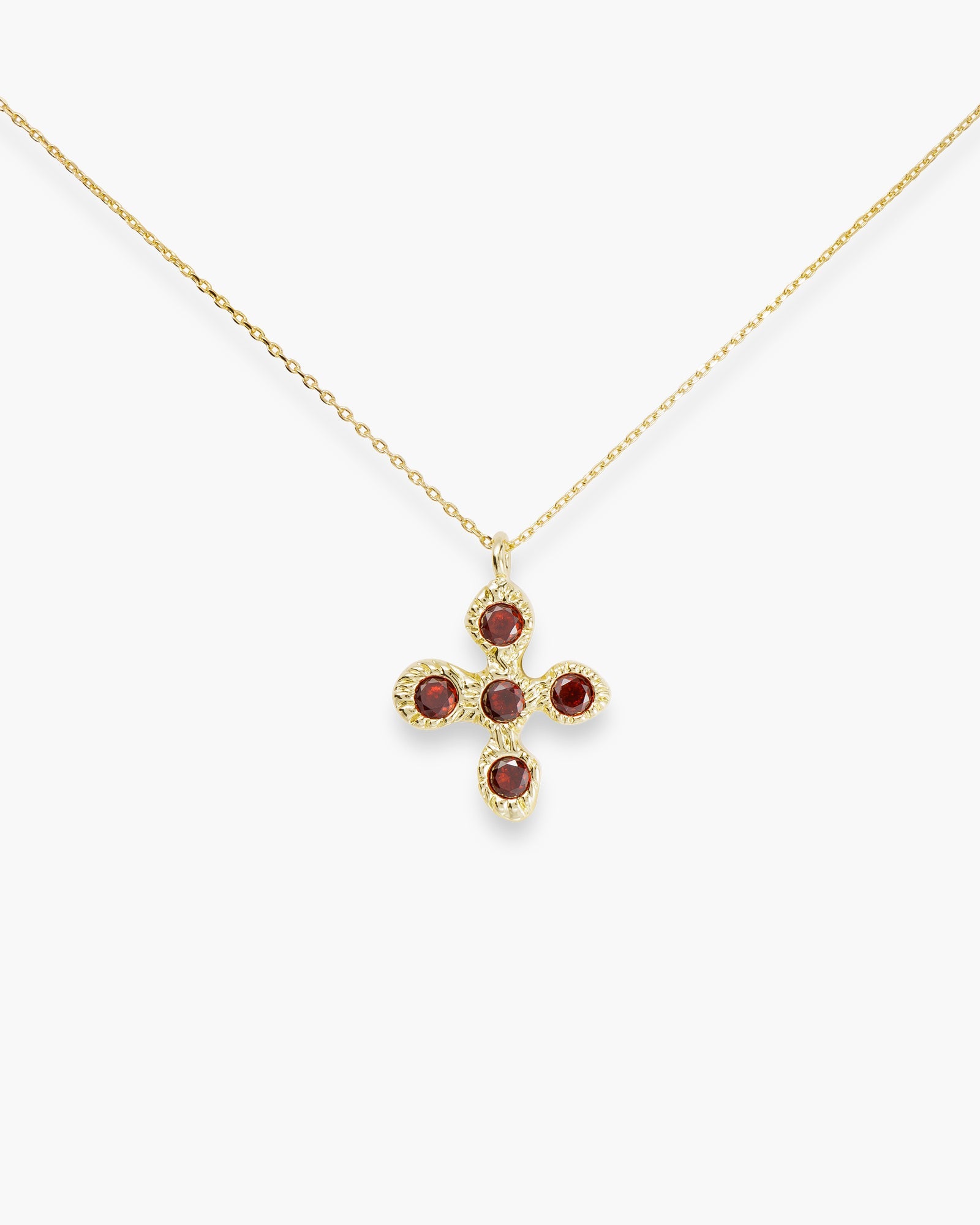 Gold 5 CZ Red Stone Cross Necklace