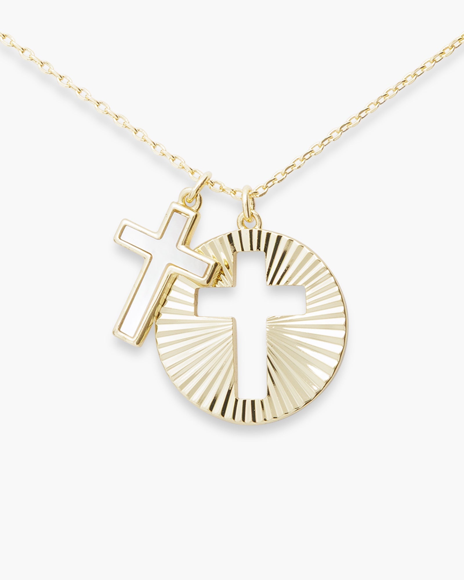 Gold MOP Cross and Gold Disc Cutout Cross Pendant Necklace