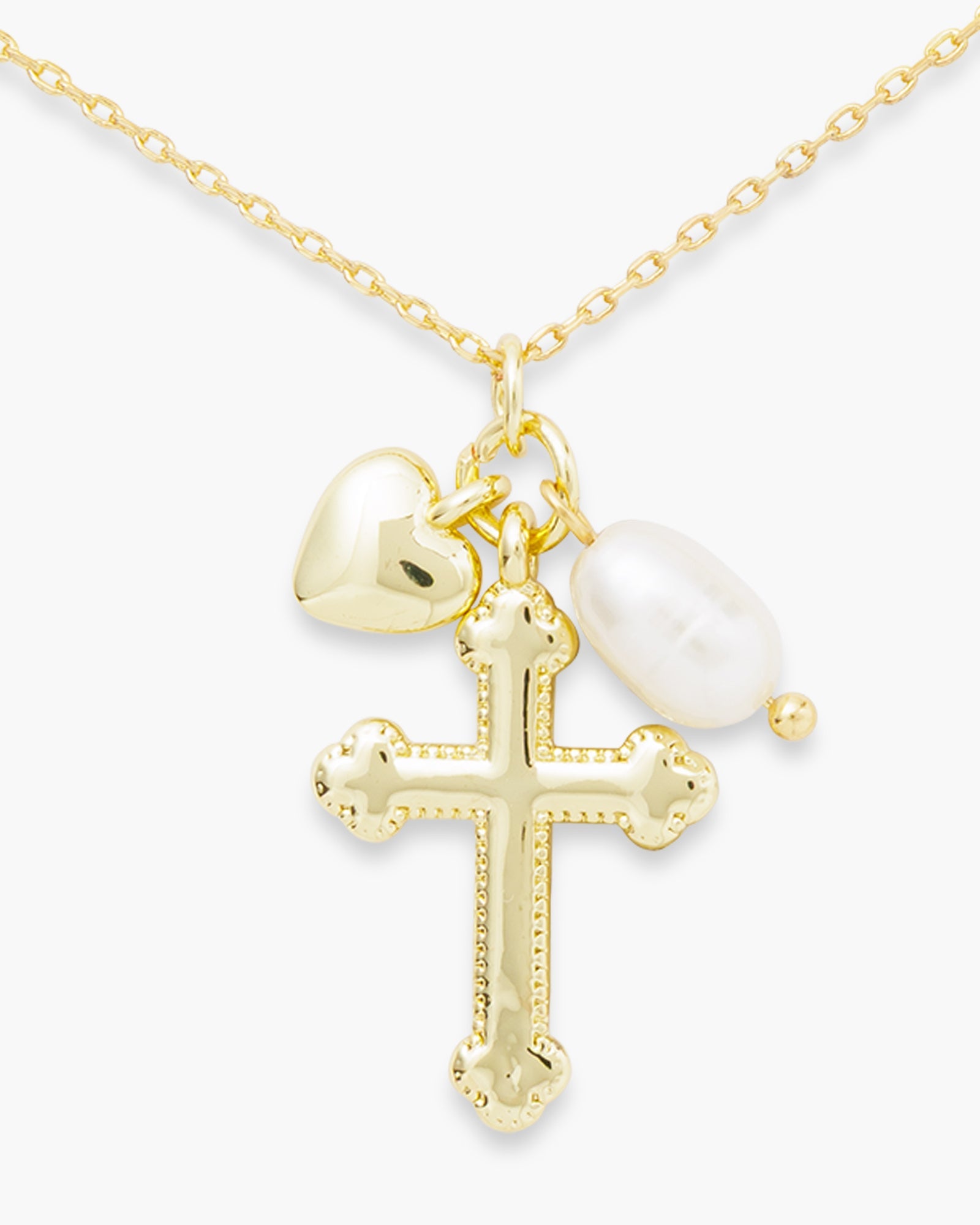 Gold Cross with Pearl and Heart Pendant Necklace