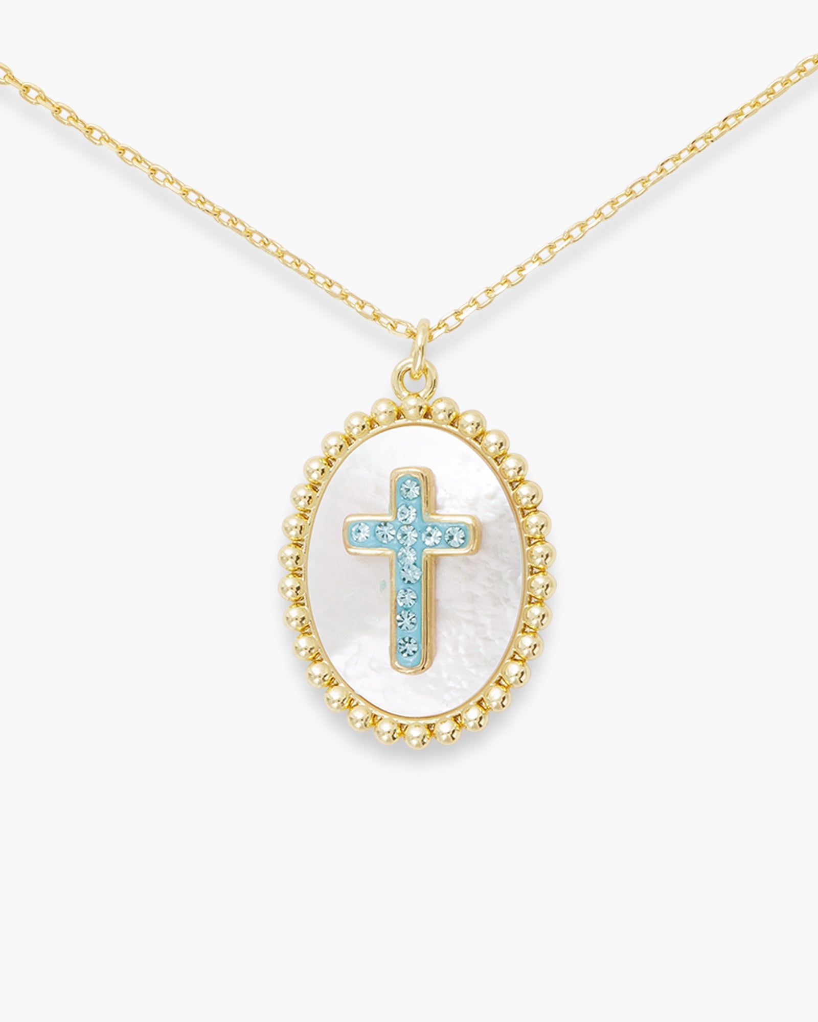 Gold CZ MOP Oval Blue Cross Necklace