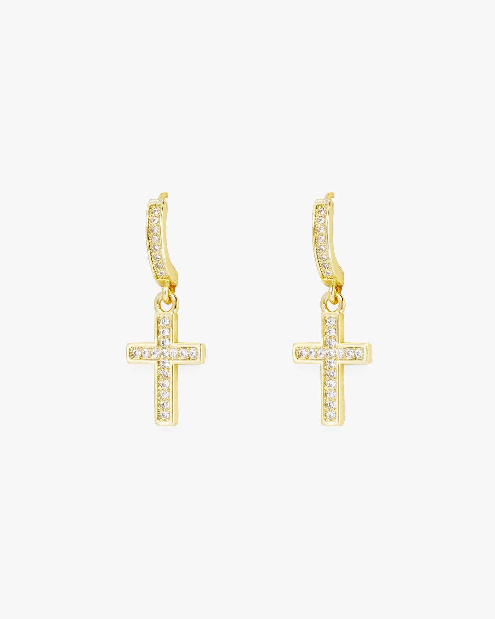 Gold CZ Hoop Framed Cross Drop Earrings