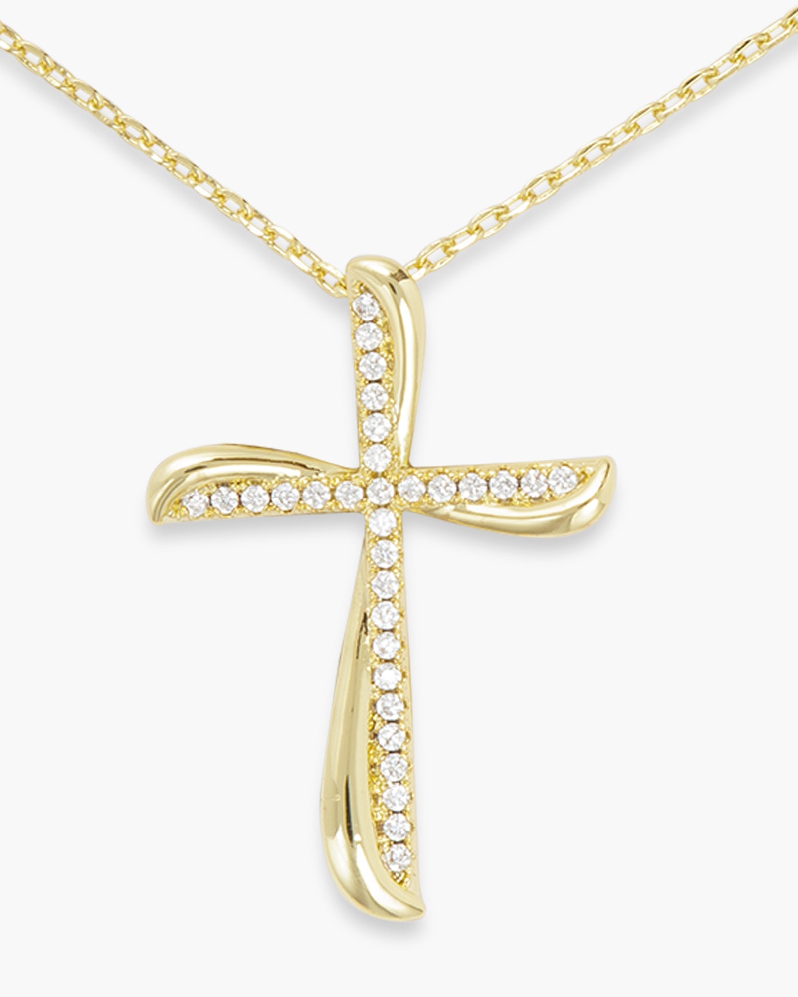Gold CZ Twist Tipped Medium Cross Necklace