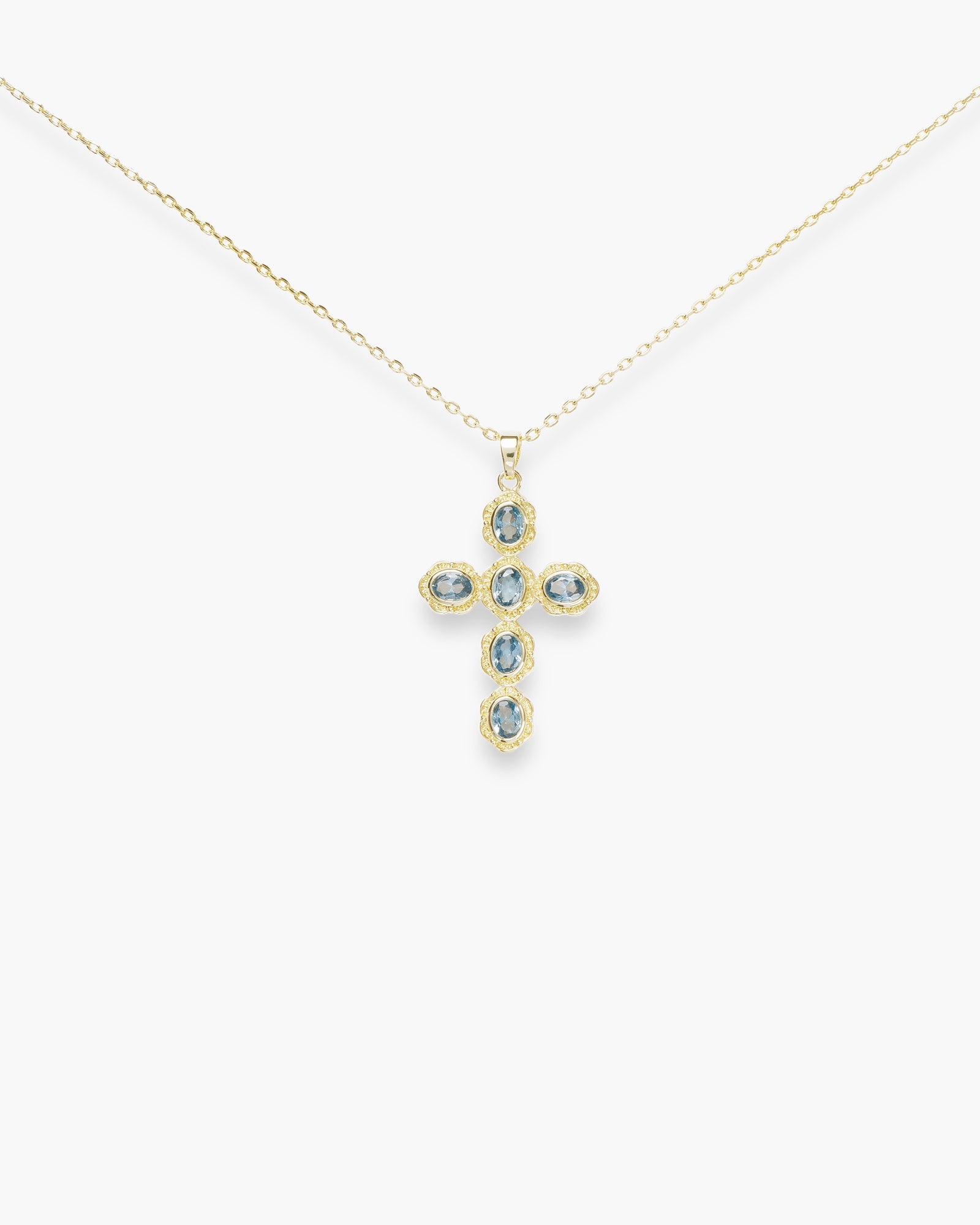 Gold CZ Vintage Blue Cross Necklace