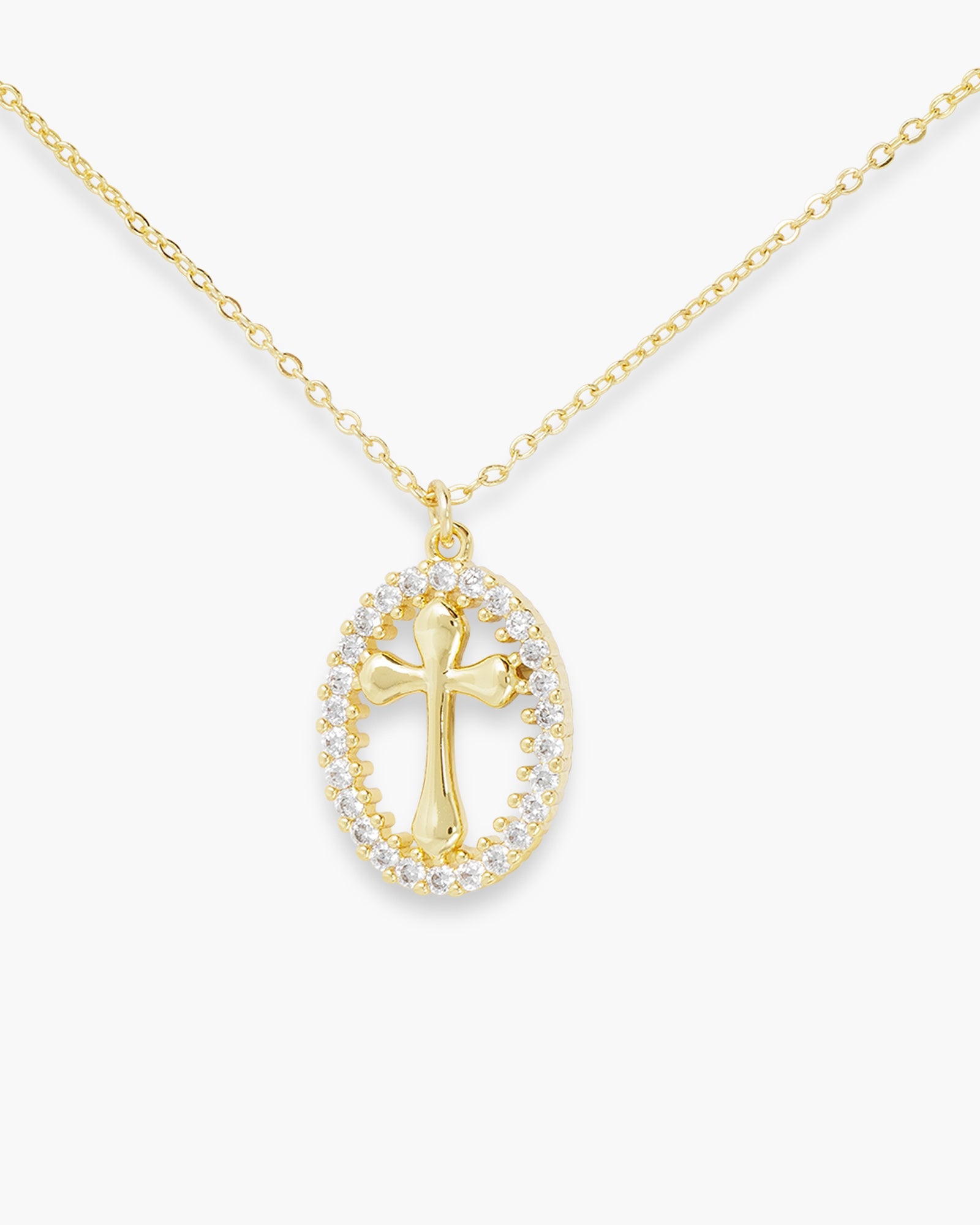 Gold CZ Oval Cross Pendant Necklace