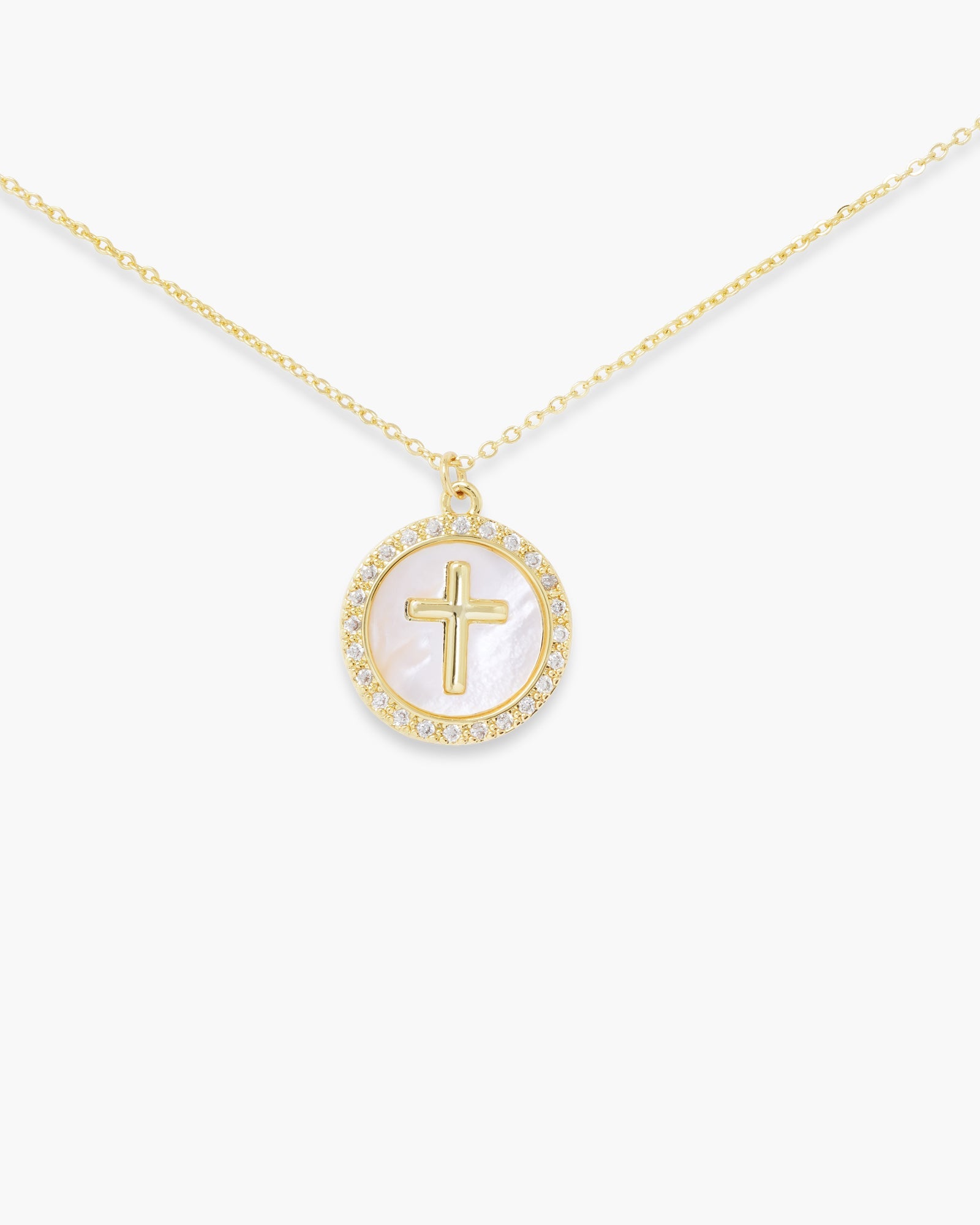 Gold CZ MOP Round Cross Pendant Necklace