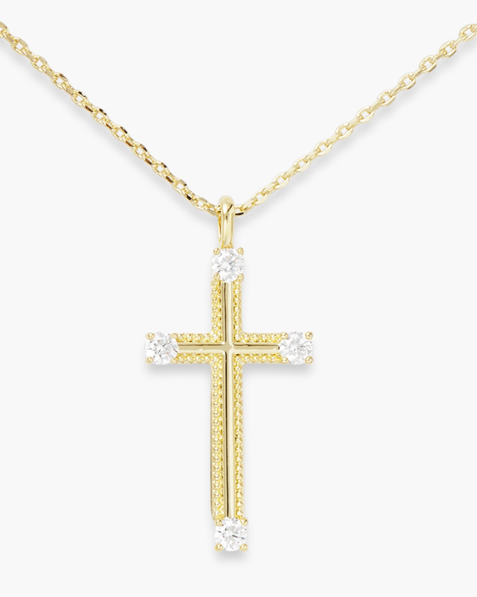 Gold CZ Tipped Texture Detail Cross Necklace