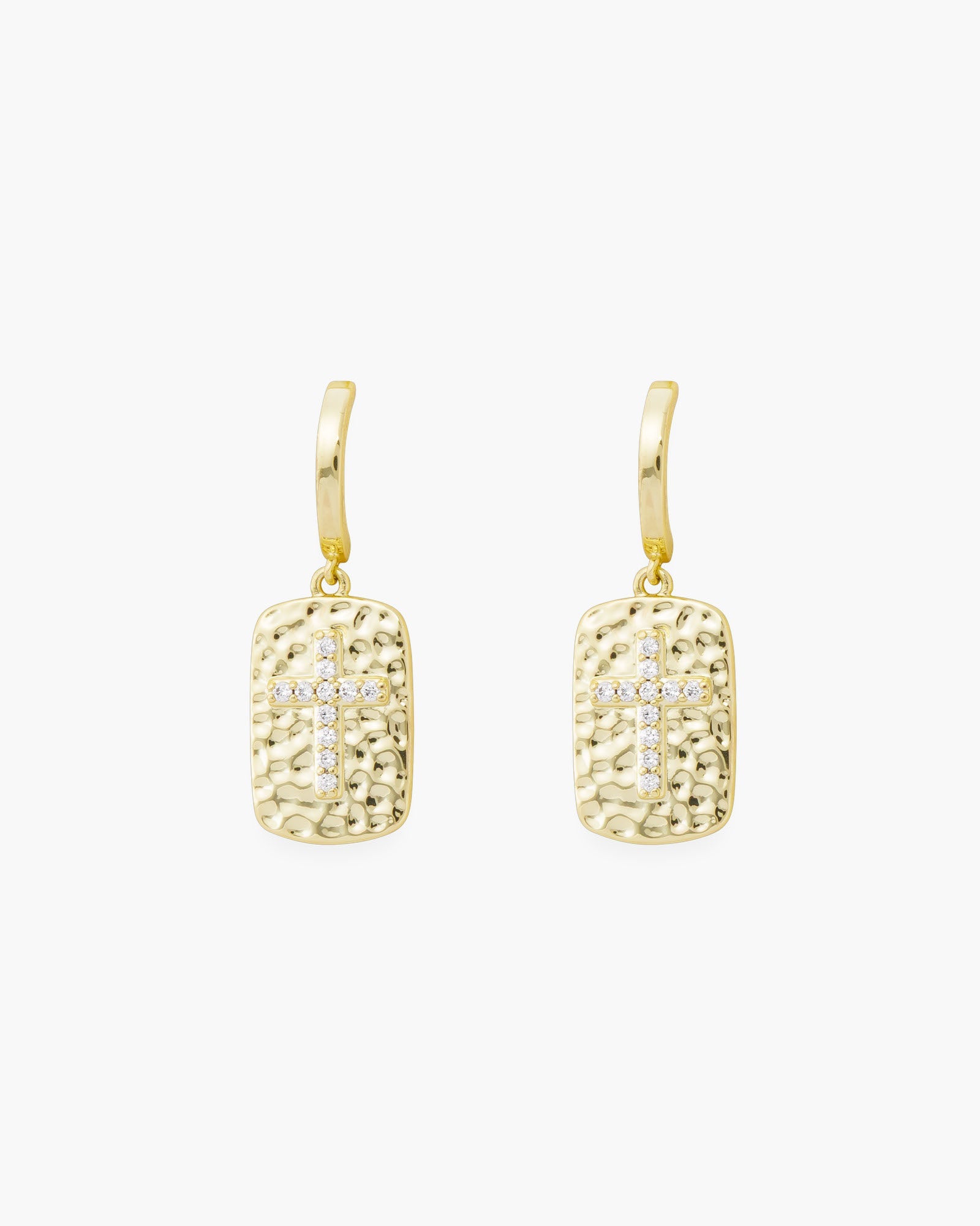 Gold CZ Hammered Pendant Cross Drop Earrings