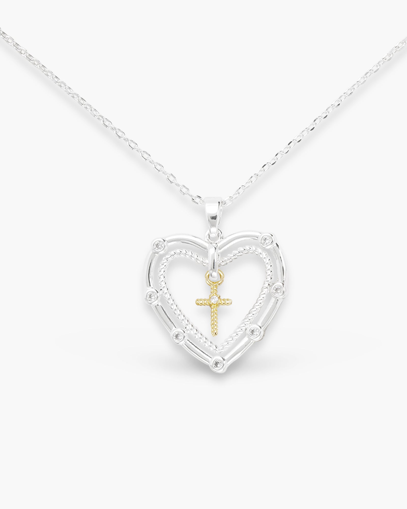 Silver CZ Heart with Gold Cross Necklace