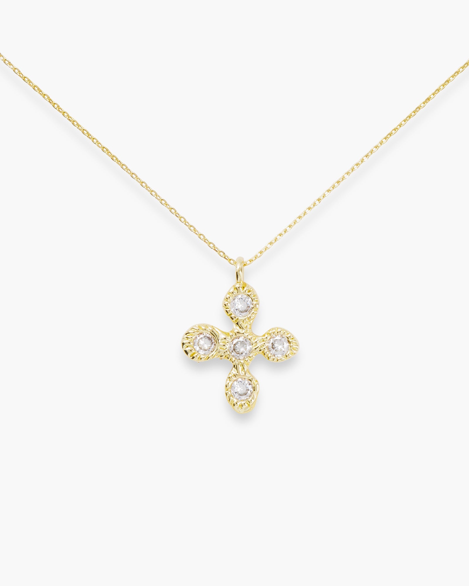 Gold 5 CZ Clear Cross Necklace