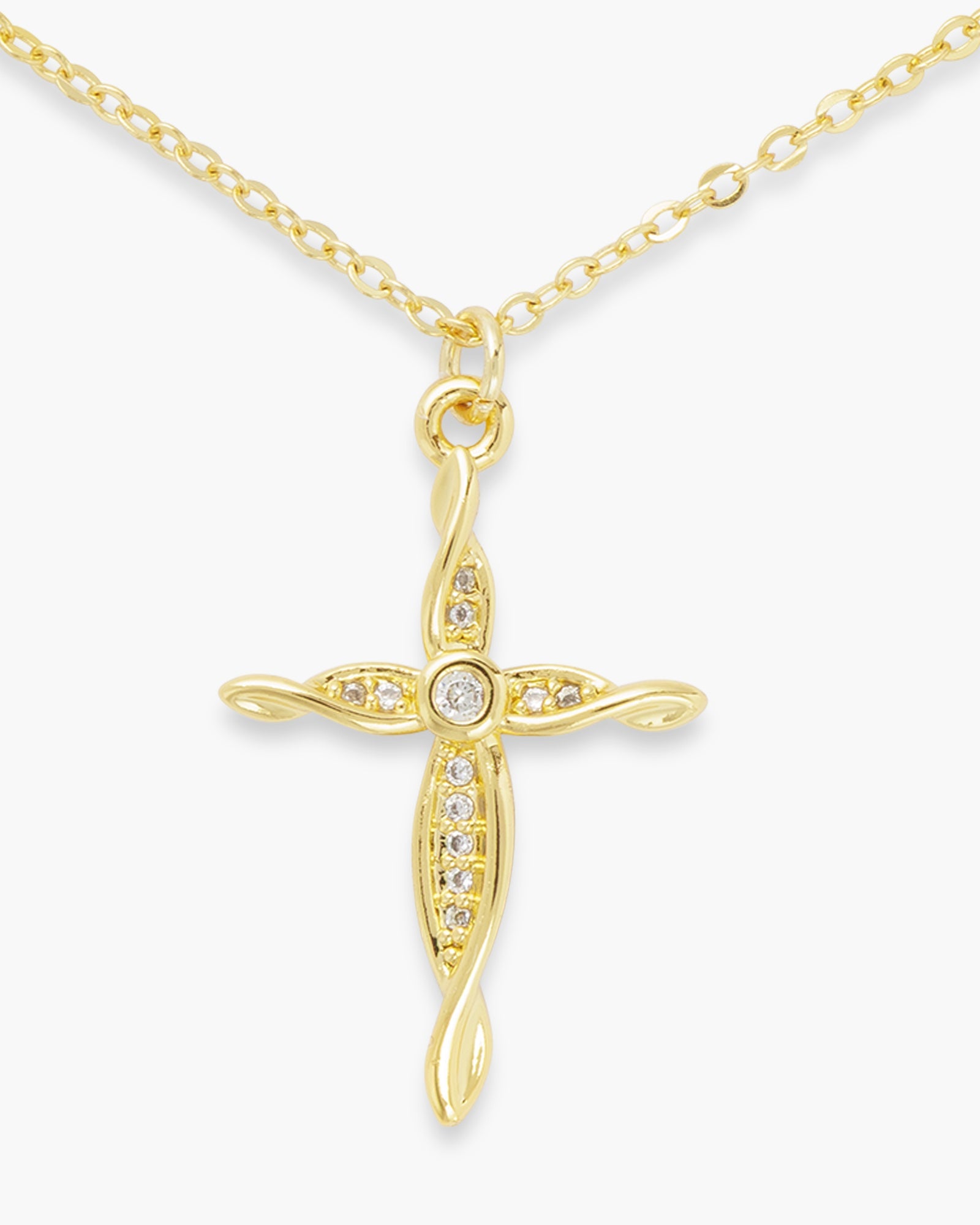 Gold CZ Twisting Cross Necklace