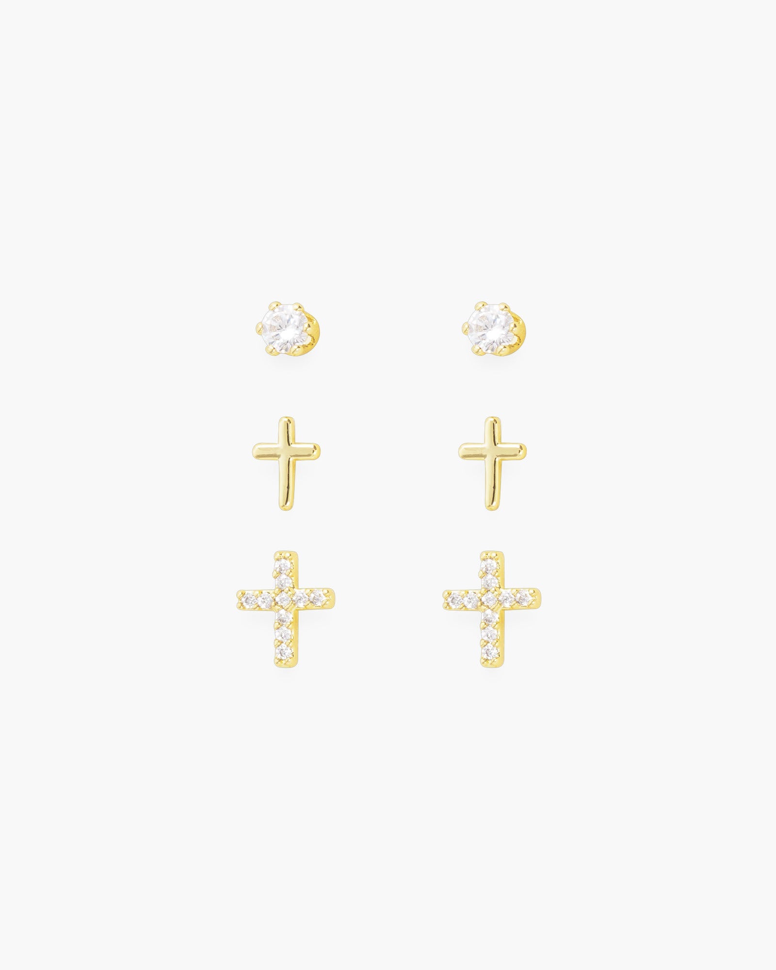 Gold CZ Trio Cross with Stud Earrings