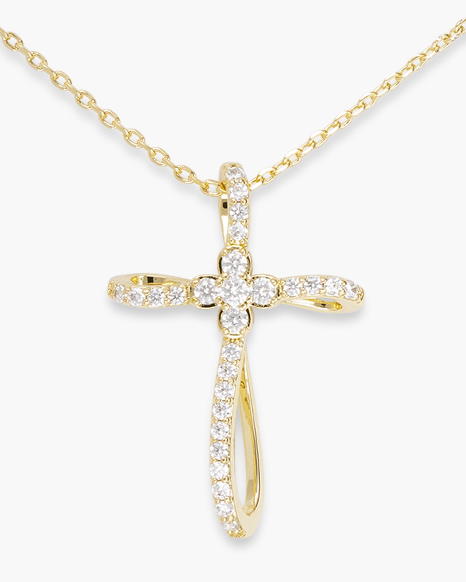 Gold CZ Ribbon and Clover Center Cross Necklace
