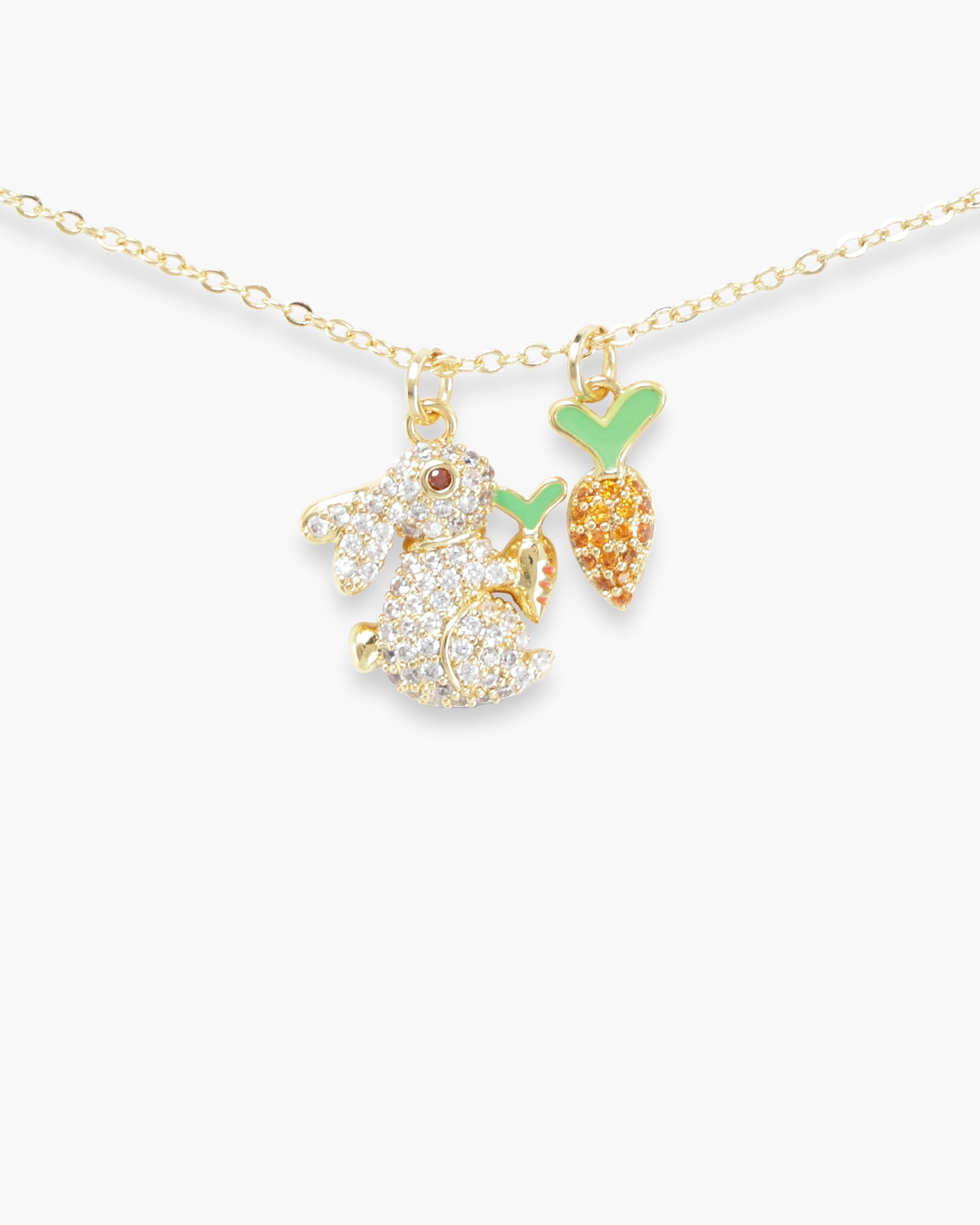 Gold CZ Bunny and Carrot Double Pendant Necklace