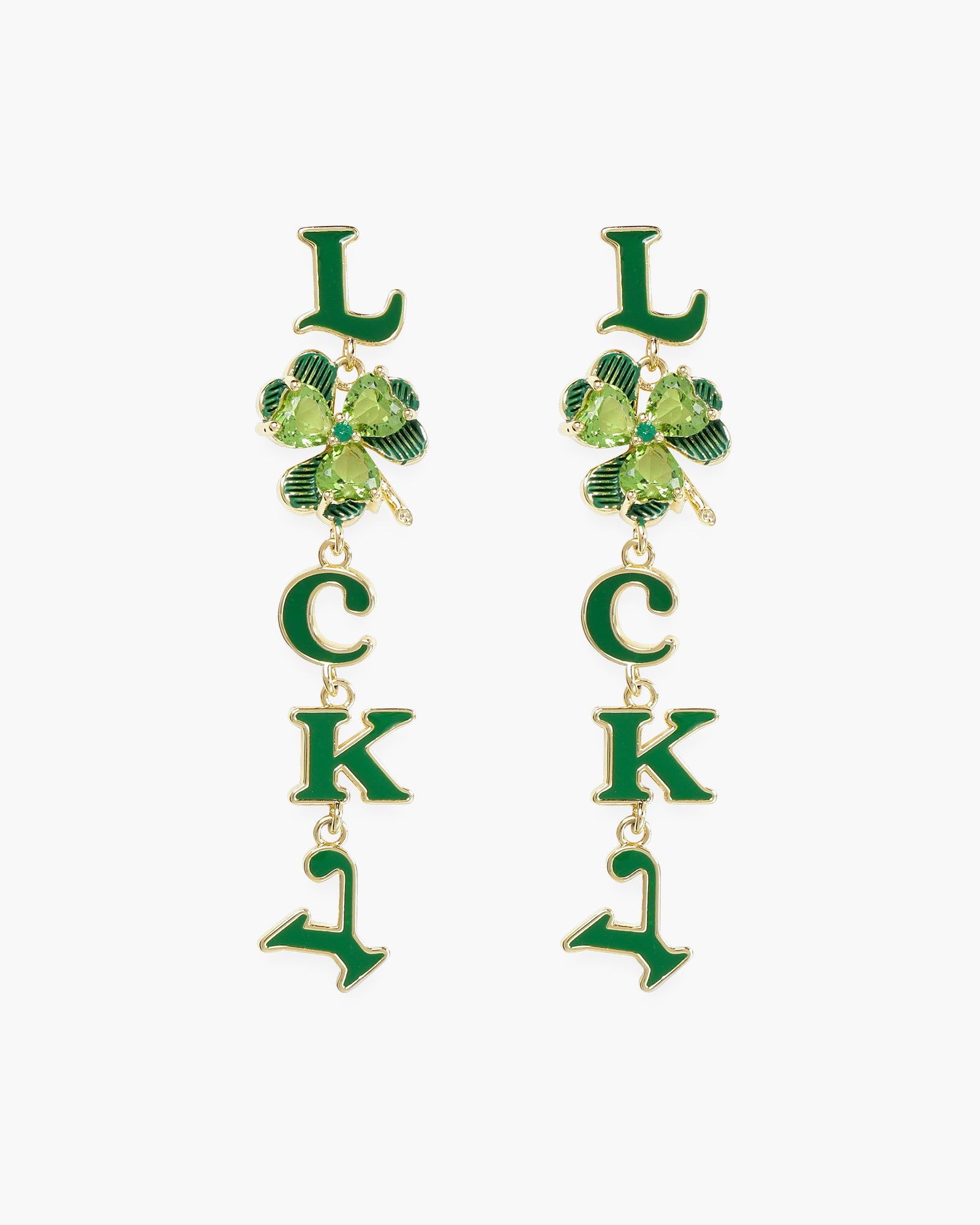 Gold CZ Lucky and Clover Dangle Earrings