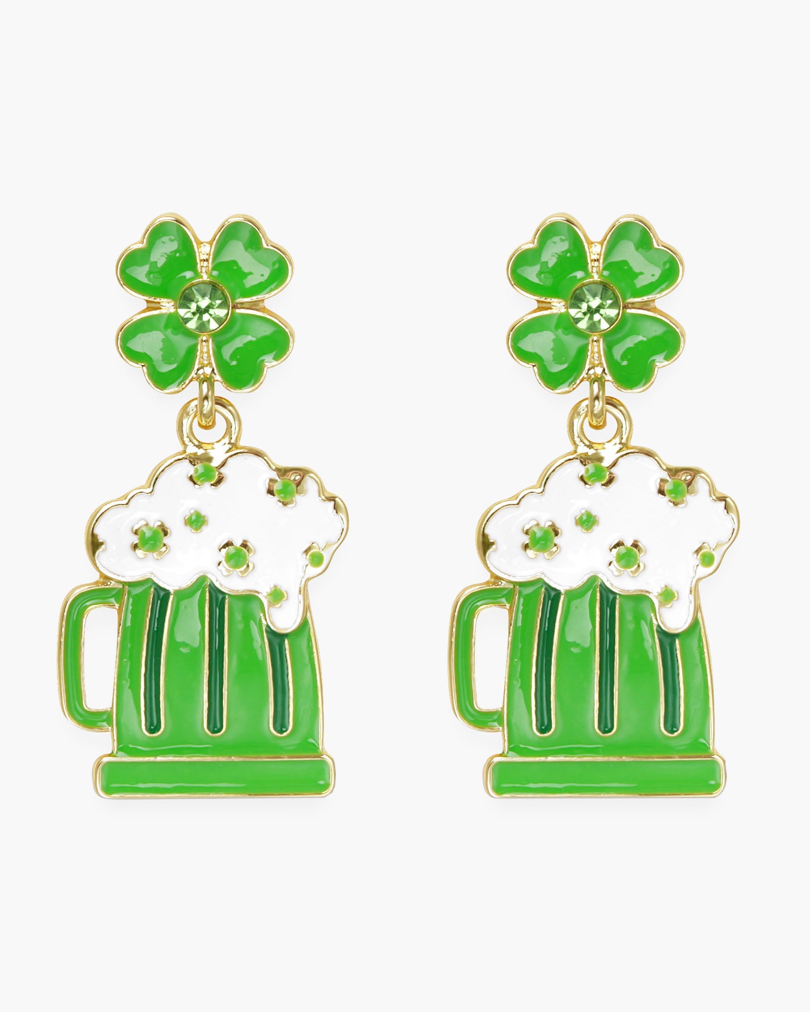 Gold CZ Beer and Four Leaf Clover Dangle Earrings