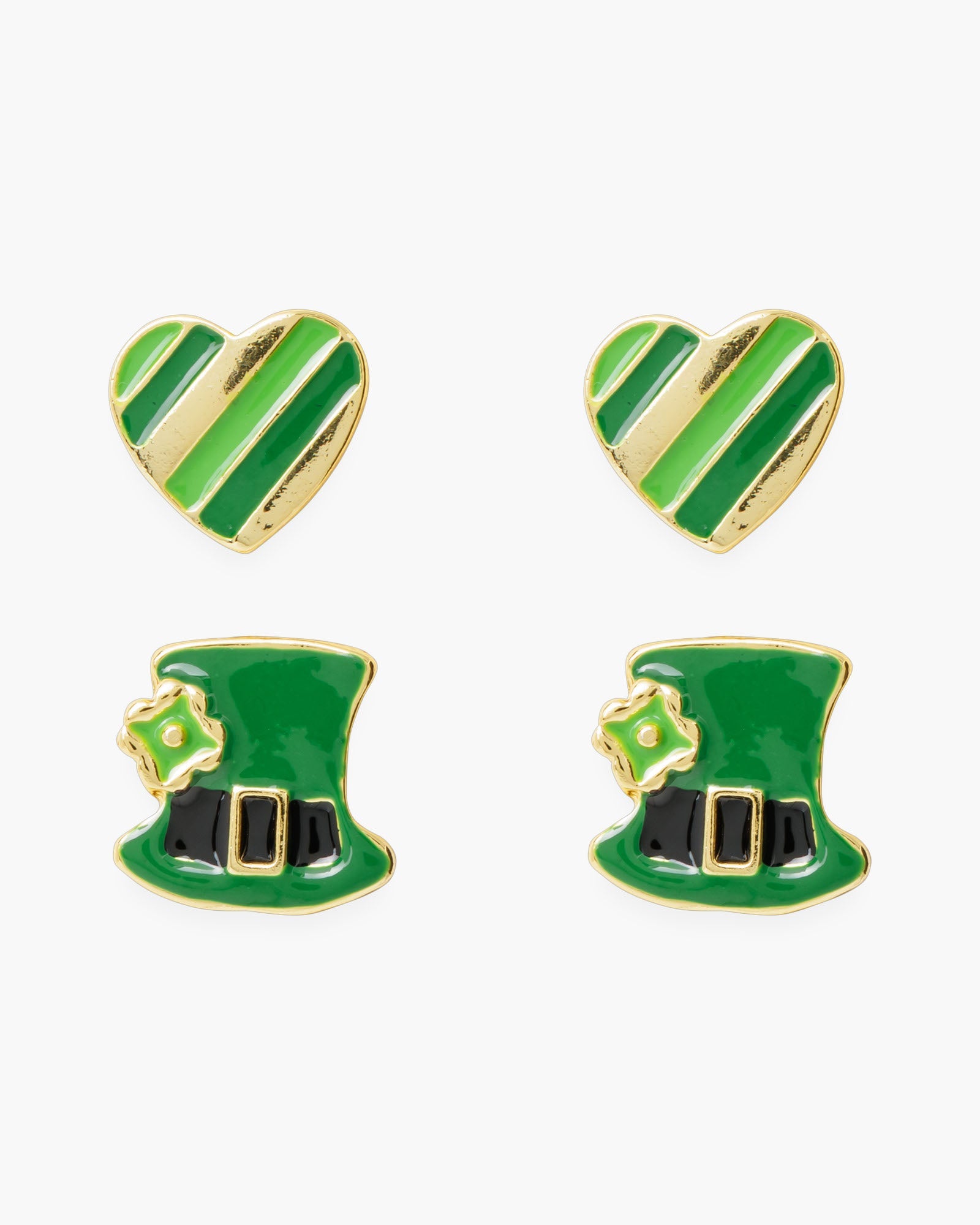 Gold Enamel Heart and Clover Hat Duo Earrings