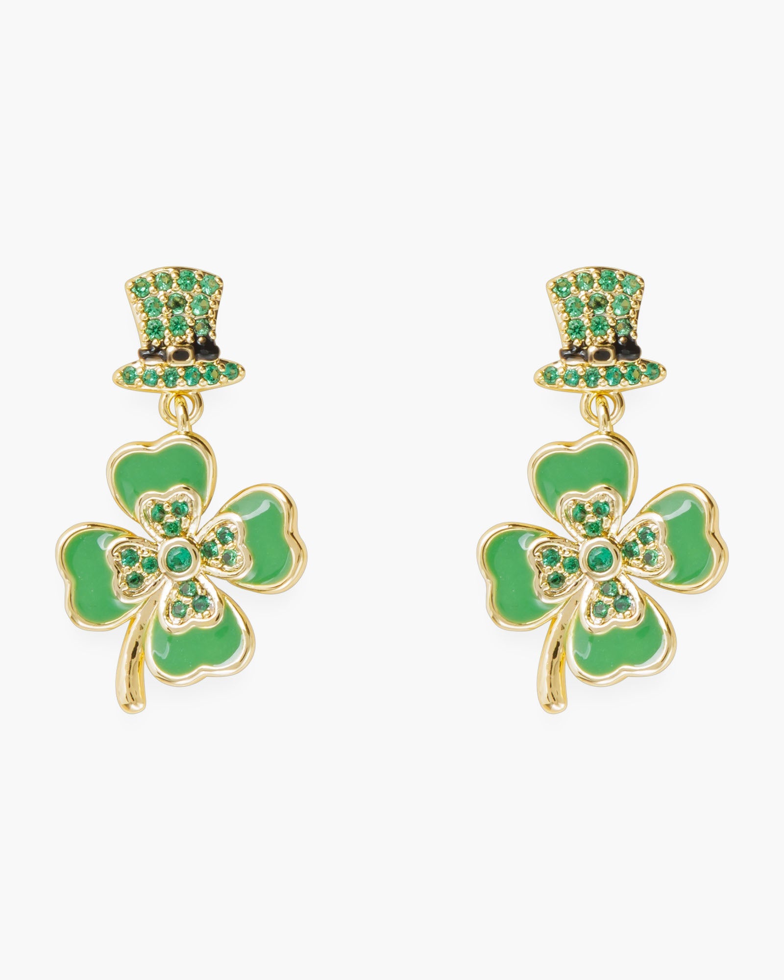 Gold CZ and Enamel Hat and Four Leaf Clover Dangle Earrings