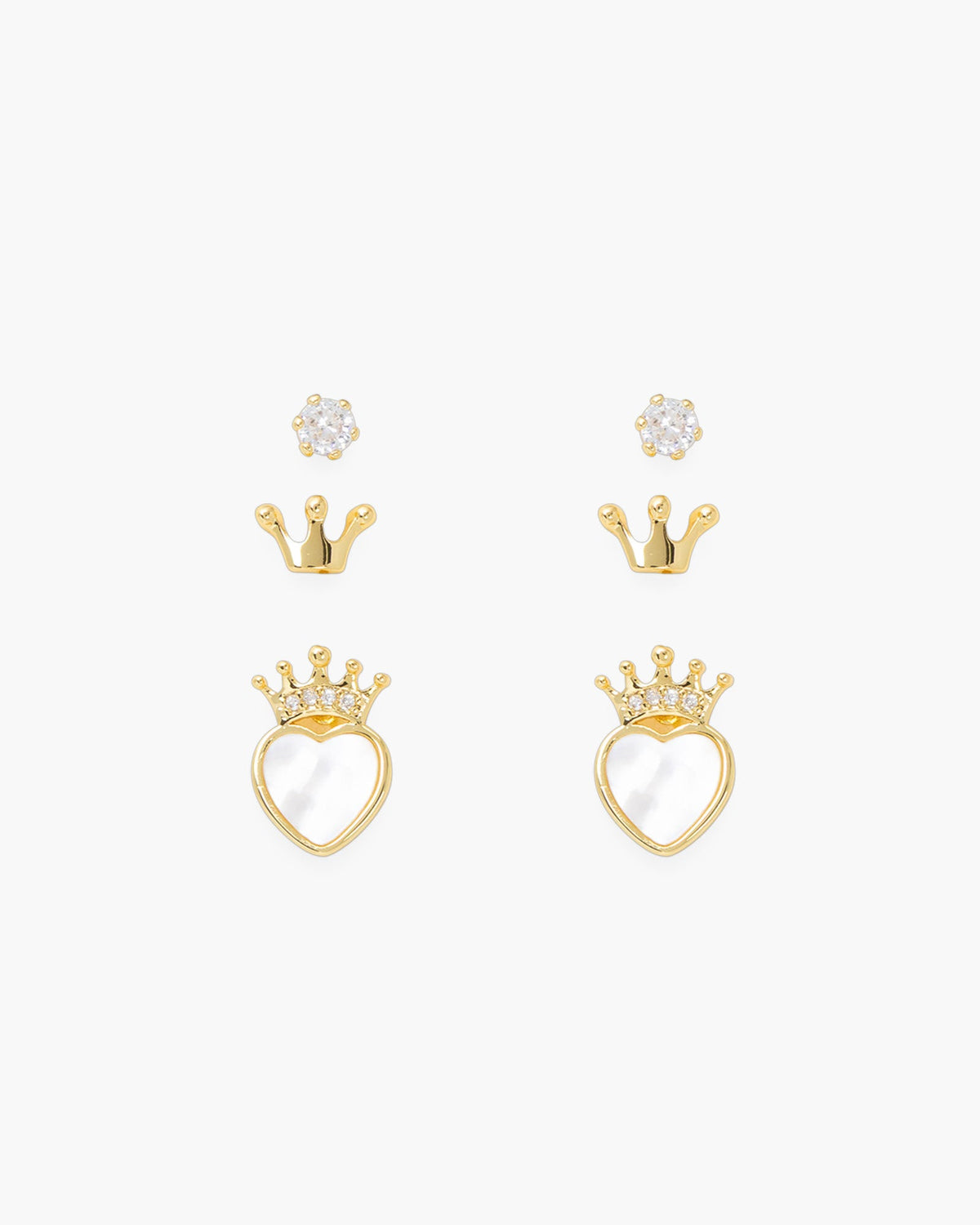 Gold CZ MOP Heart and Crown with Stud Trio Earrings
