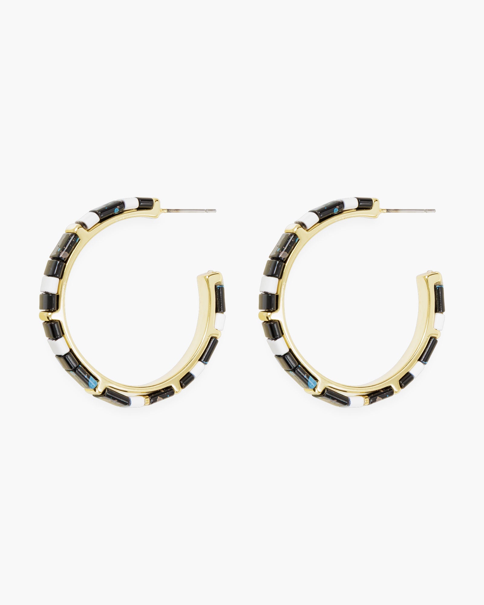 Gold Patterned Flat Bead Hoop Earrings