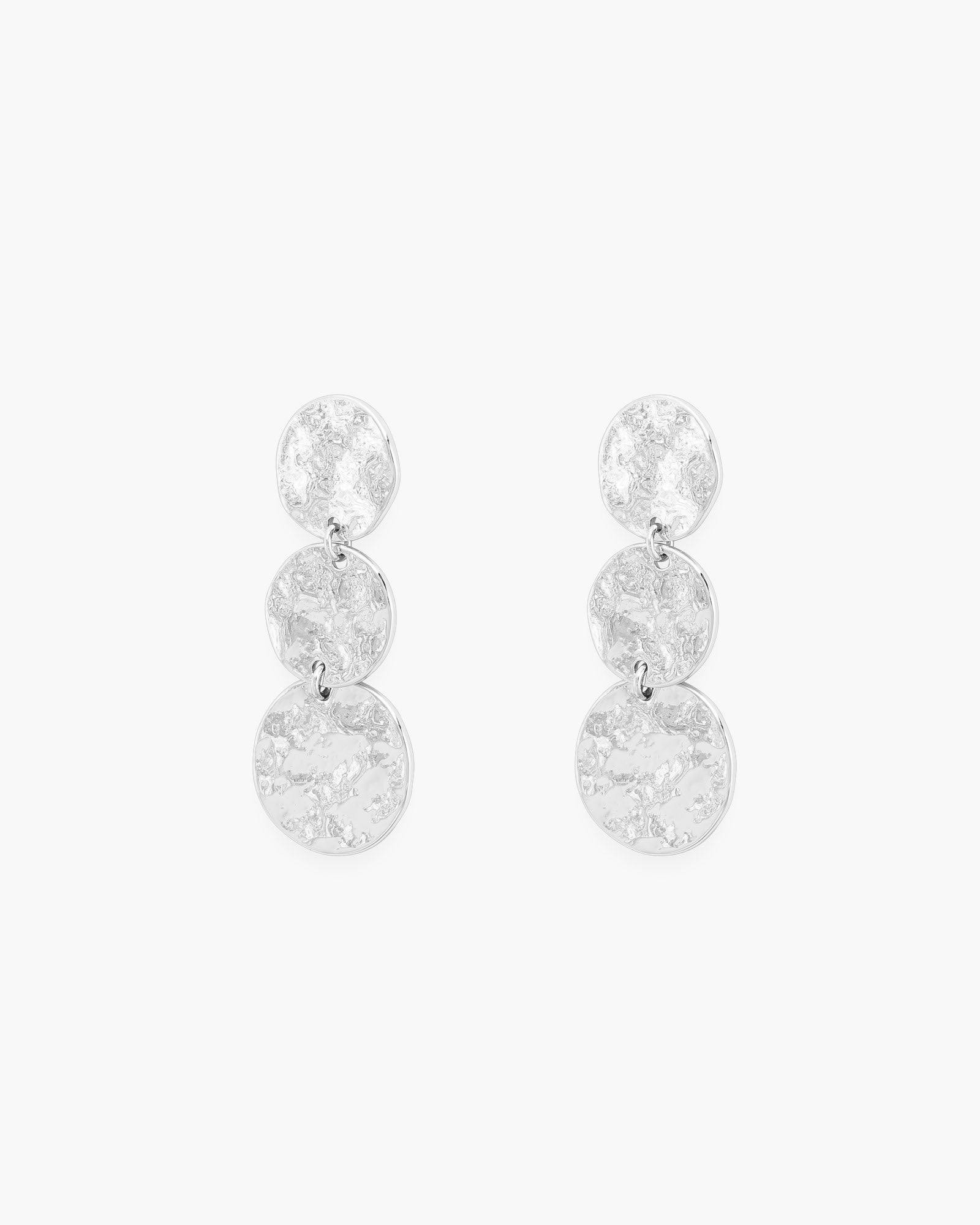 Silver Polished Hammered Triple Disc Drop Earrings