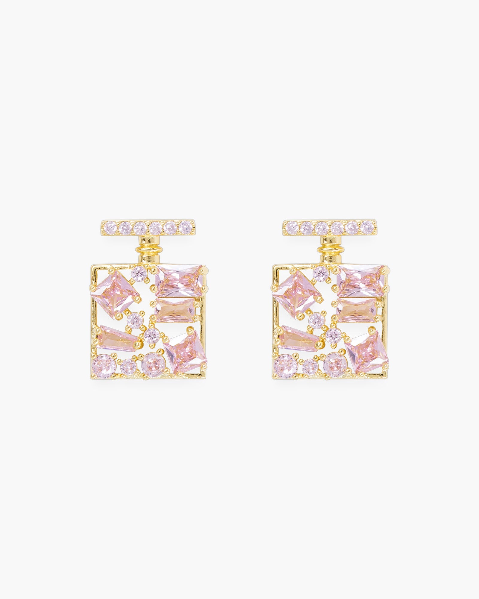 Gold CZ Pink Perfume Bottle Earrings