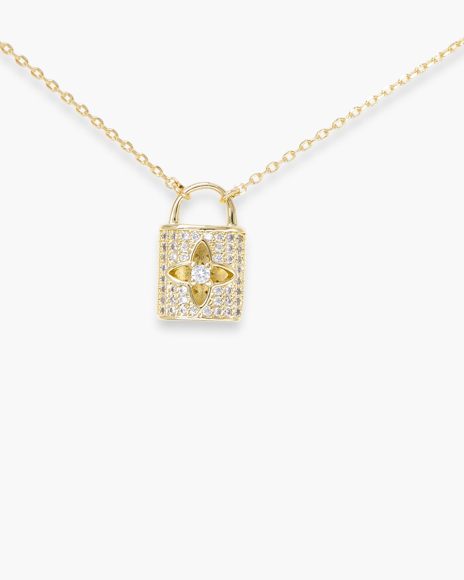 Gold CZ Lock Clover Necklace