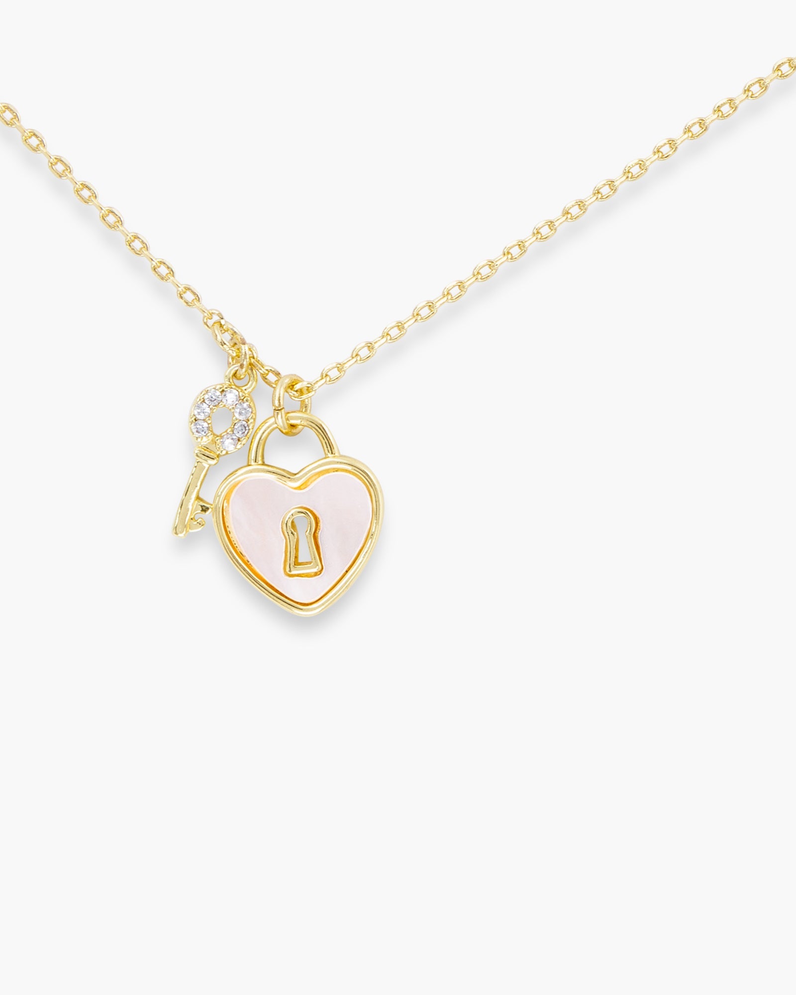 Gold CZ MOP Heart Lock and Key Necklace