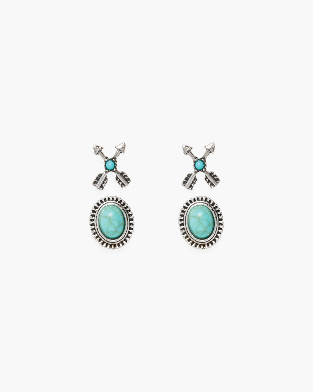 Silver Crossed Arrow & Oval Stud Duo Earrings