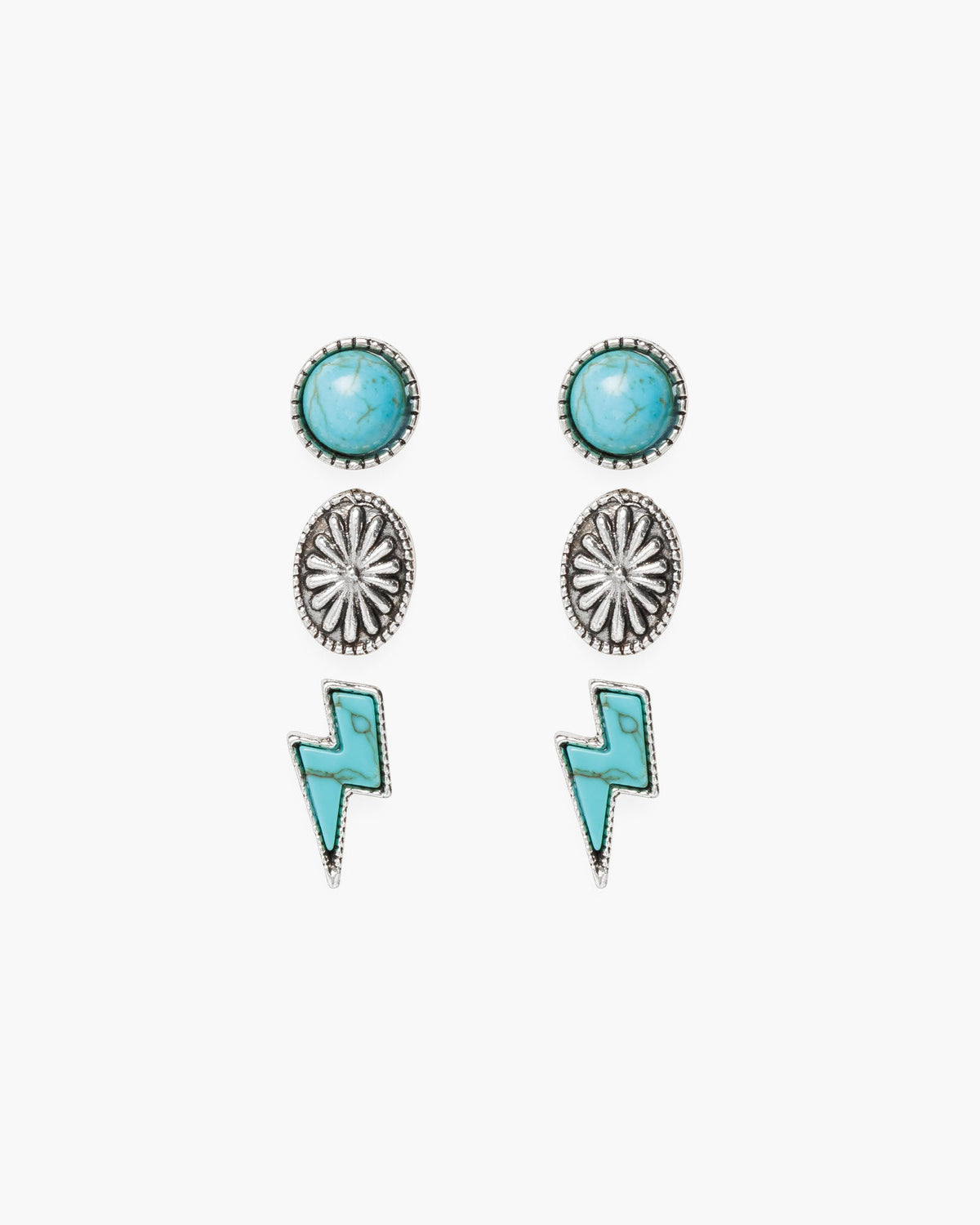 Silver Lightening Bolt Conch & Green Blue Stud Trio Earrings