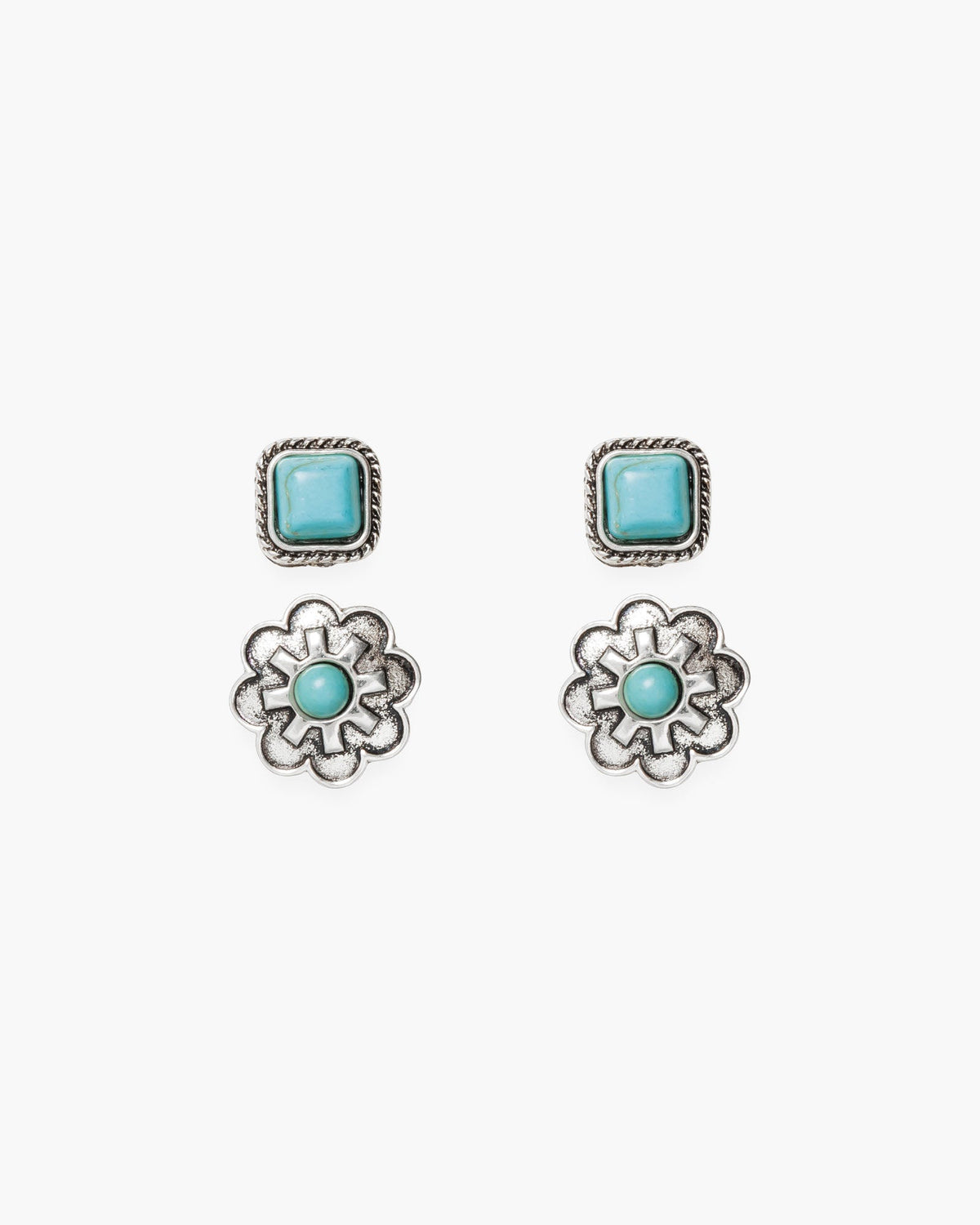 Flower and Square Stud Duo Earrings