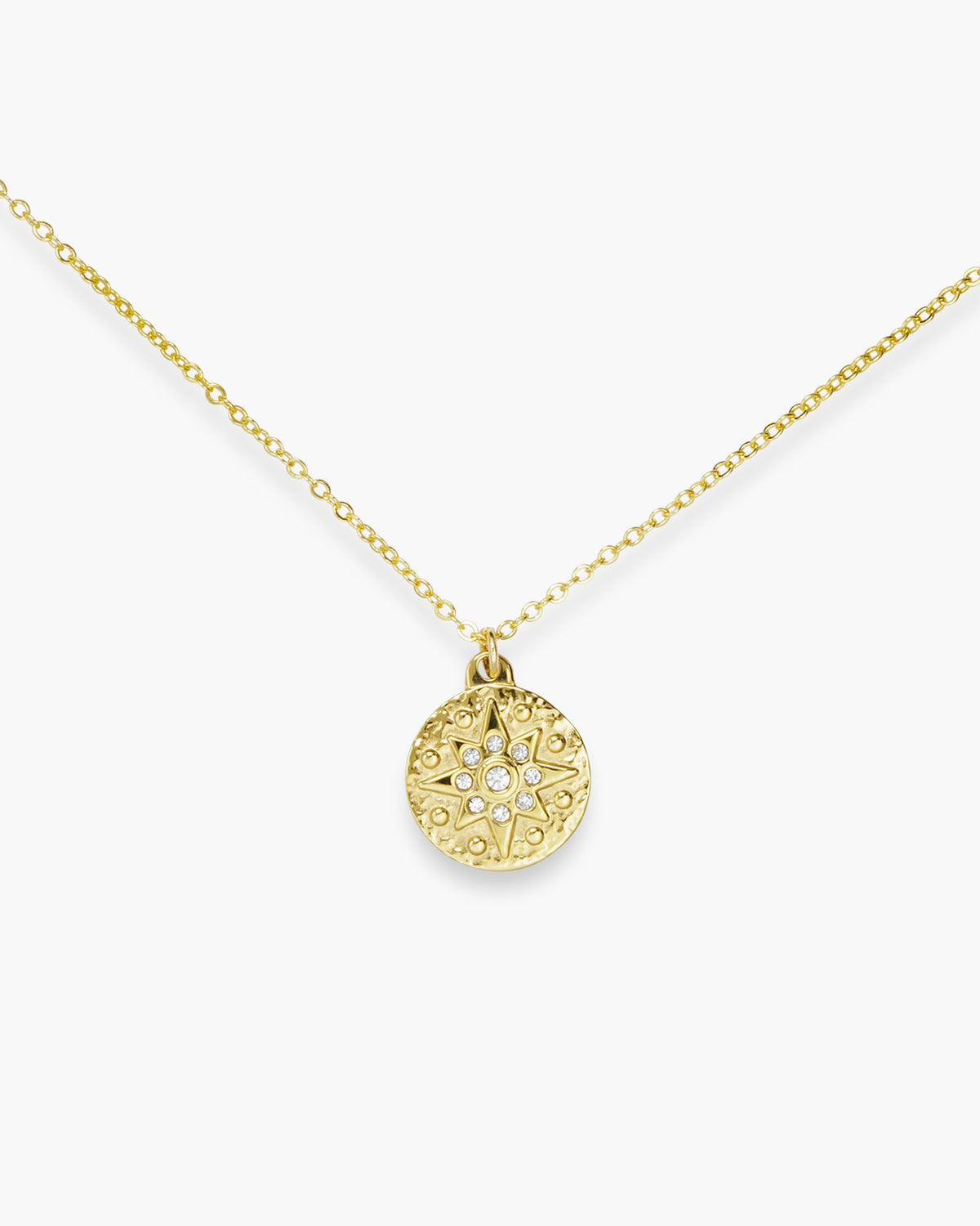 Gold Disc and CZ Pendant with Star Design Necklace