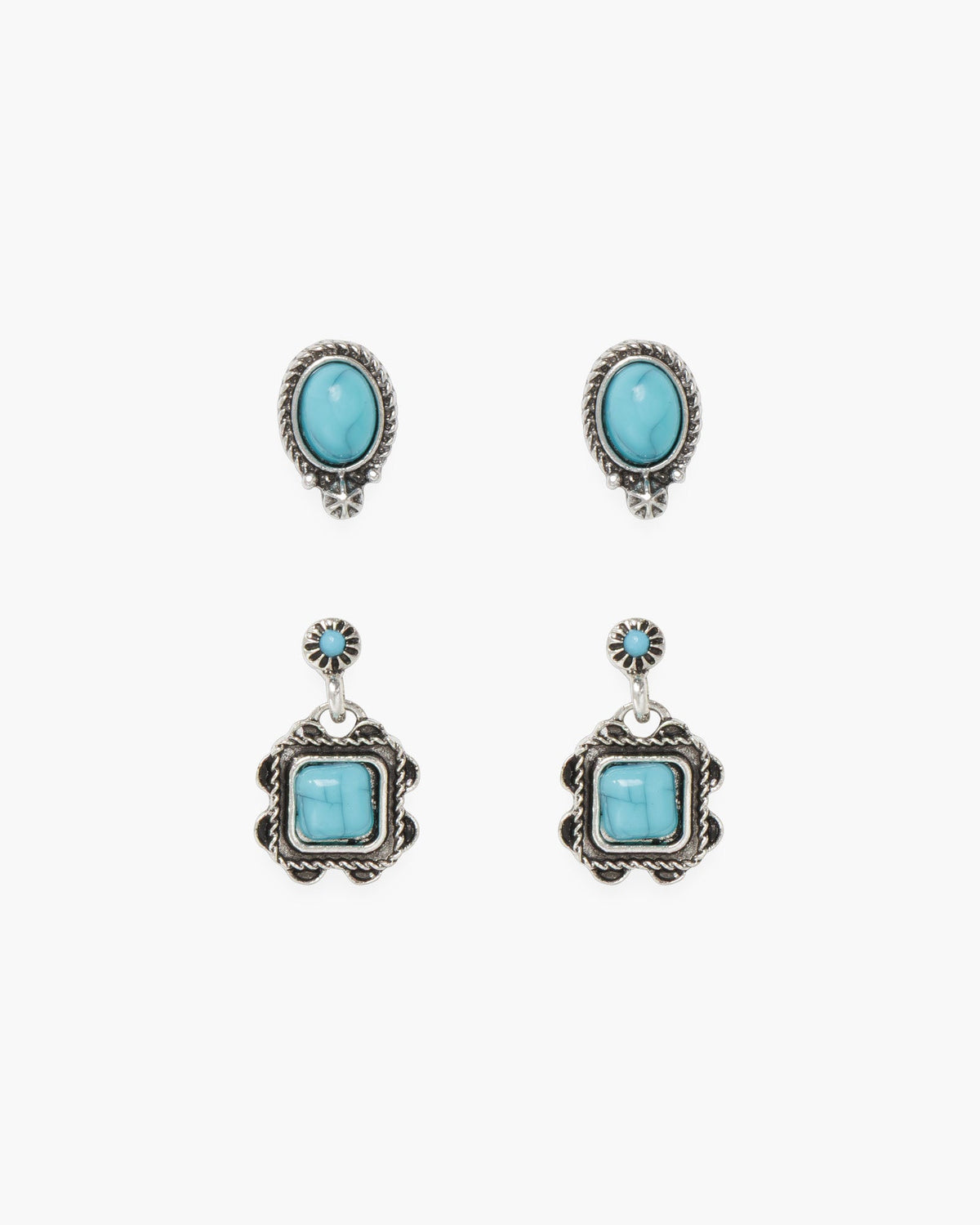 Silver Stud and Dangel Stone Duo Earrings
