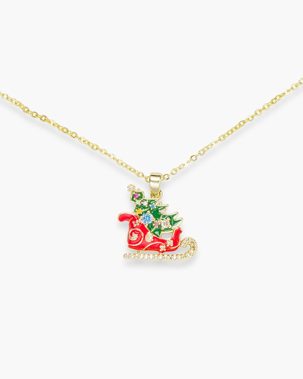 Gold Necklace Red Sleigh with Green Tree Necklace