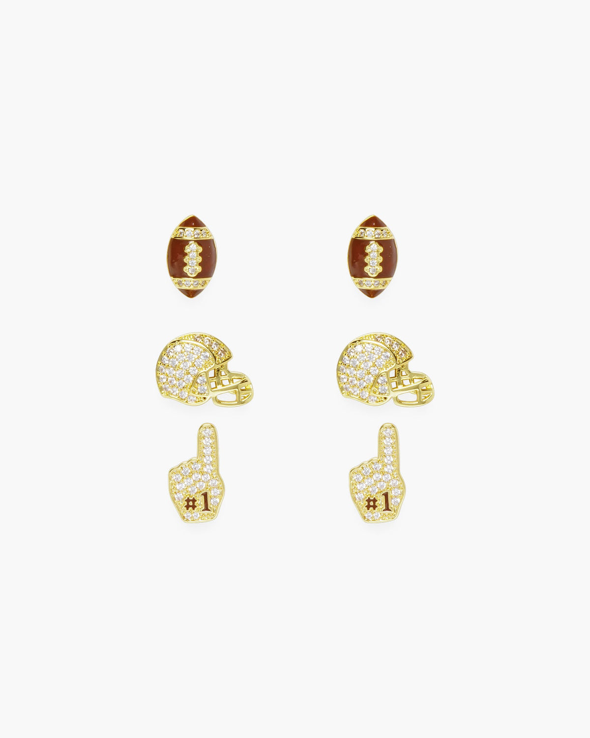 Gold Trio CZ Football, Helmet And Foam Finger Earrings