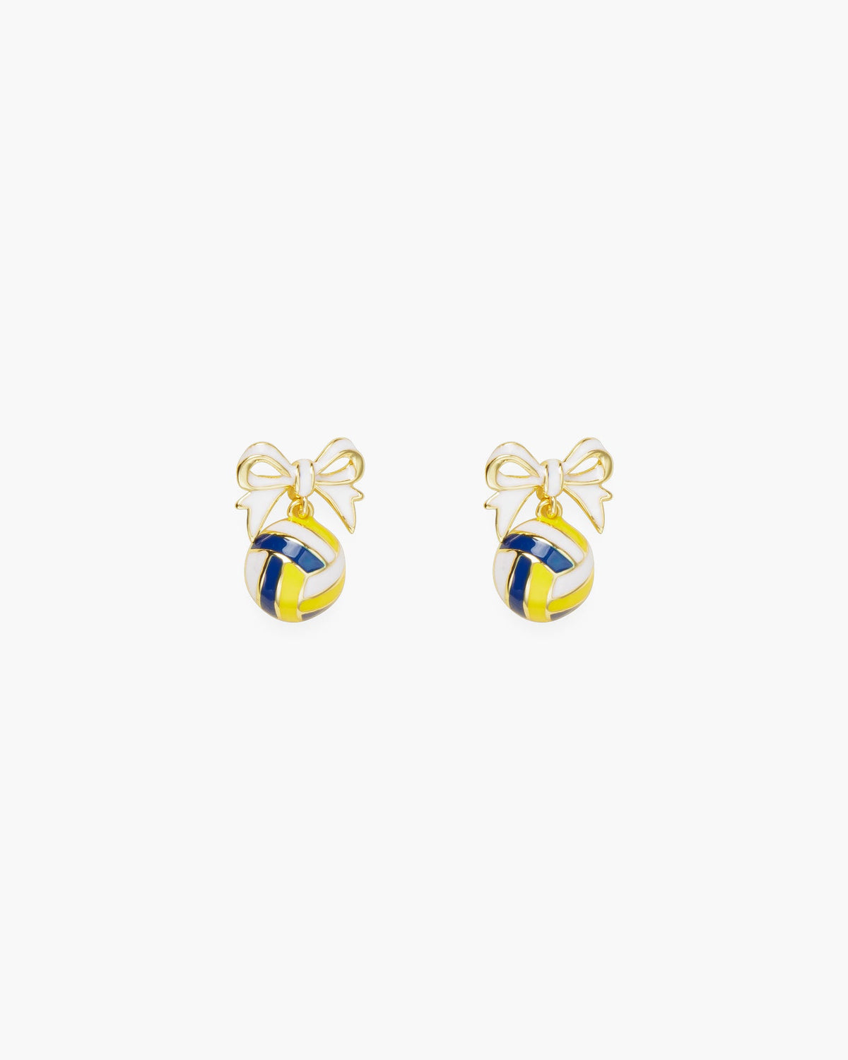 Gold Volleyball Yellow/Blue/White Bow Earrings