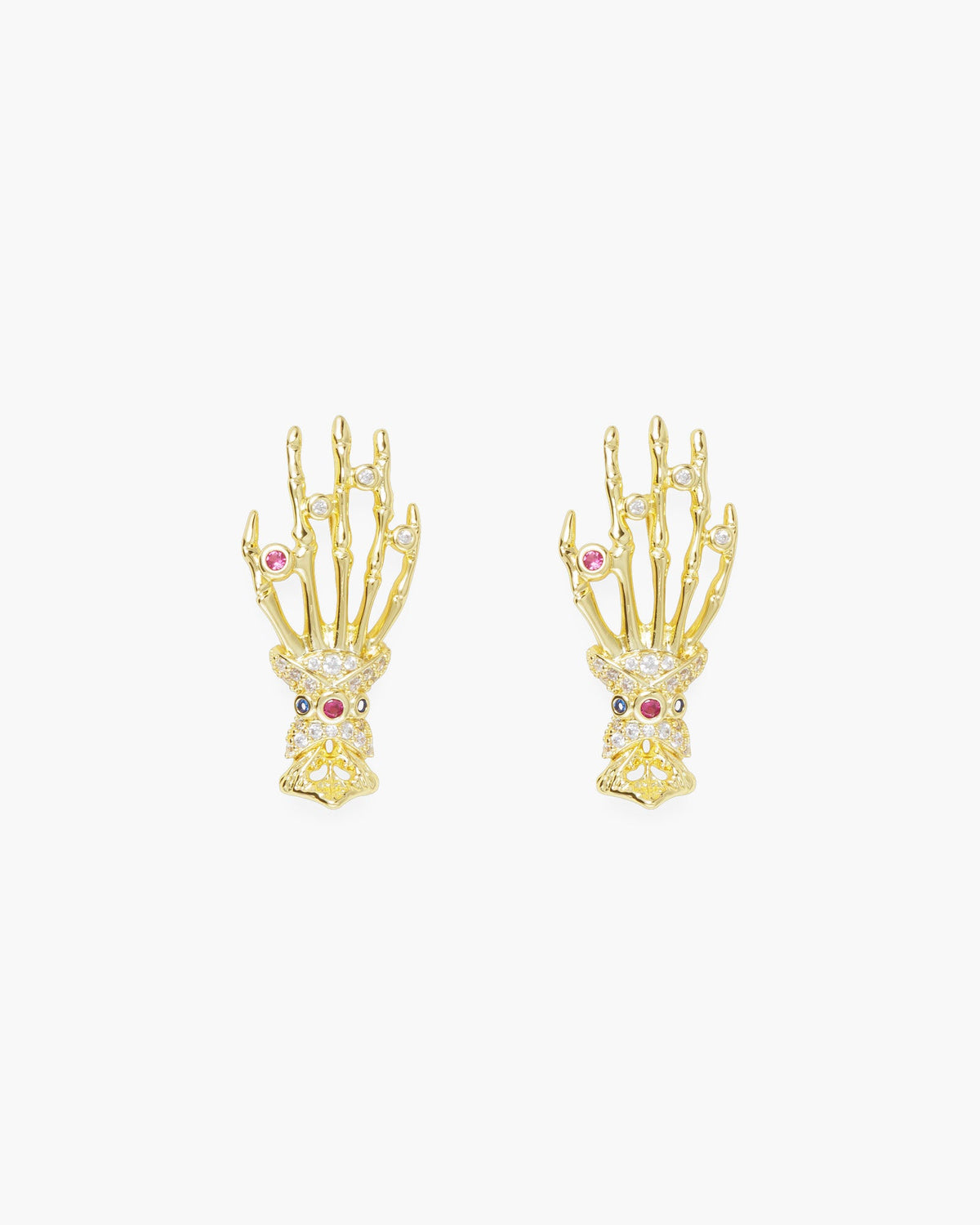 Gold Skeleton Hand with Stones Stud Earrings