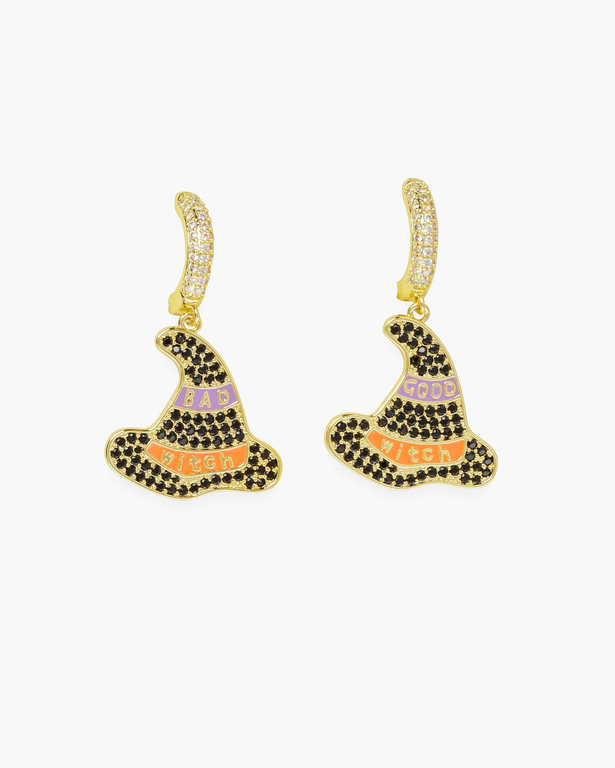 Gold Black CZ Good/Bad Witch Hat Earrings