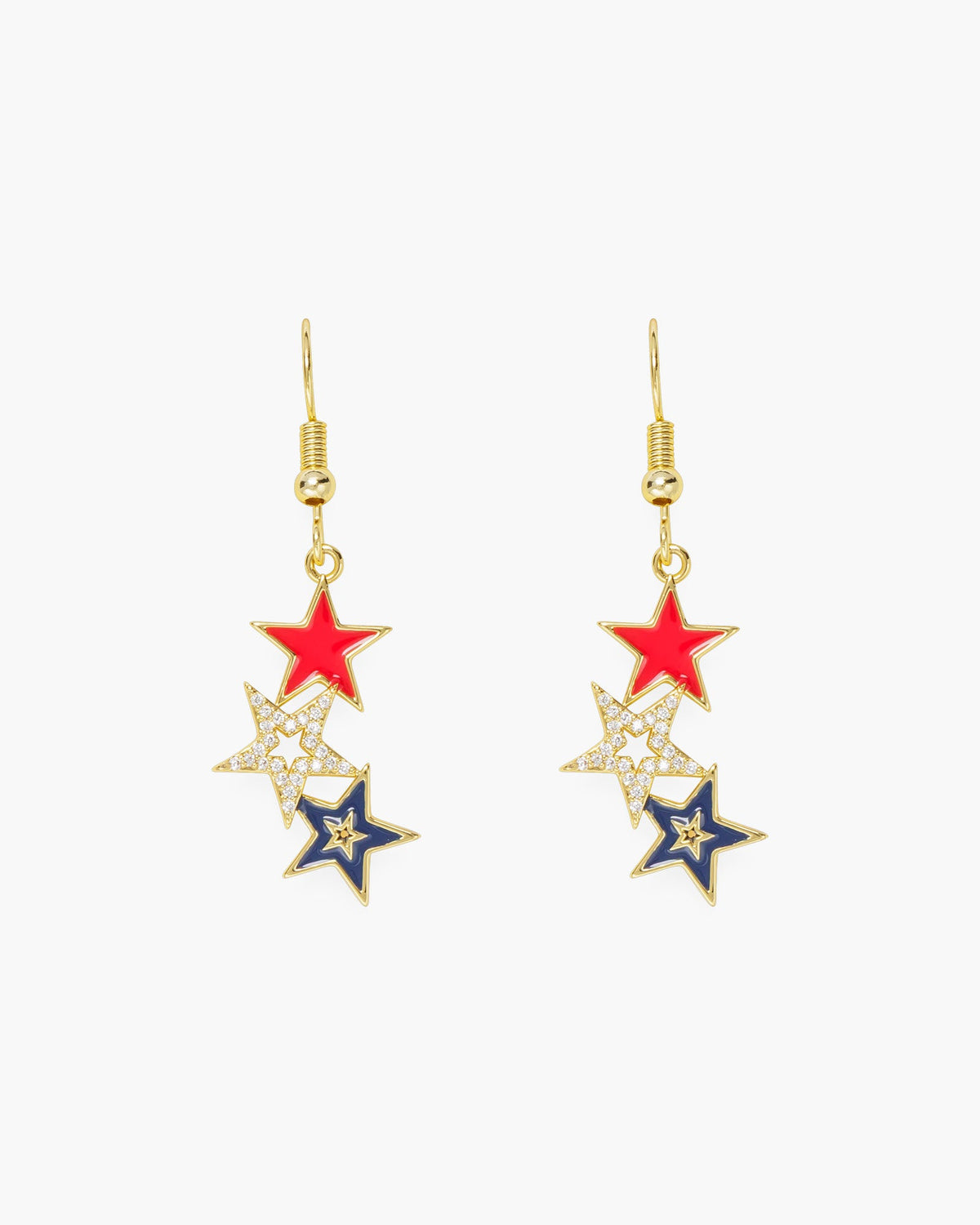 Gold Red/White/Blue 3 Star Hook Earrings